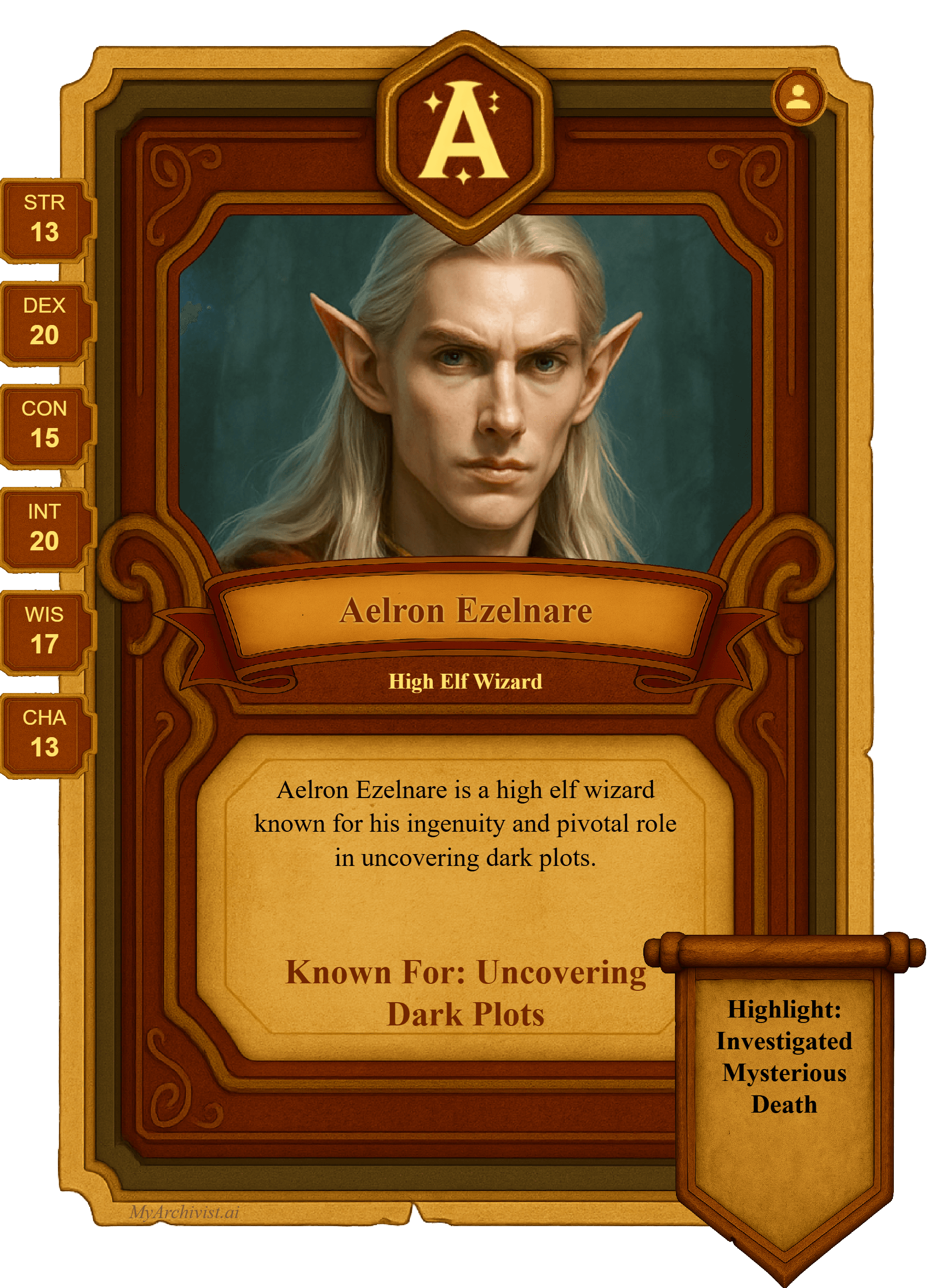 Aelron Ezelnare trading card - Character from The Scarlet Ledger