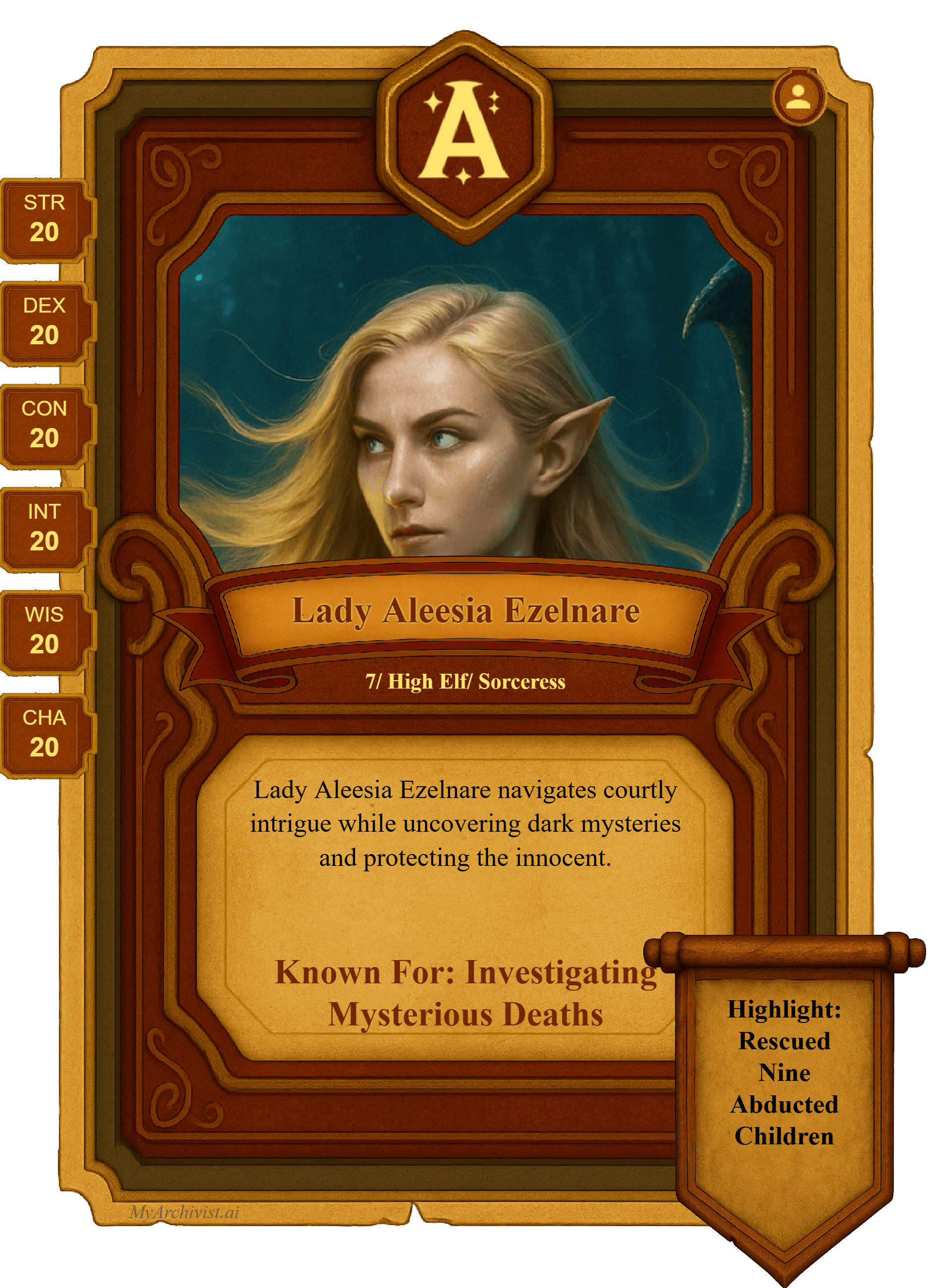 Lady Aleesia Ezelnare trading card - Character from The Scarlet Ledger