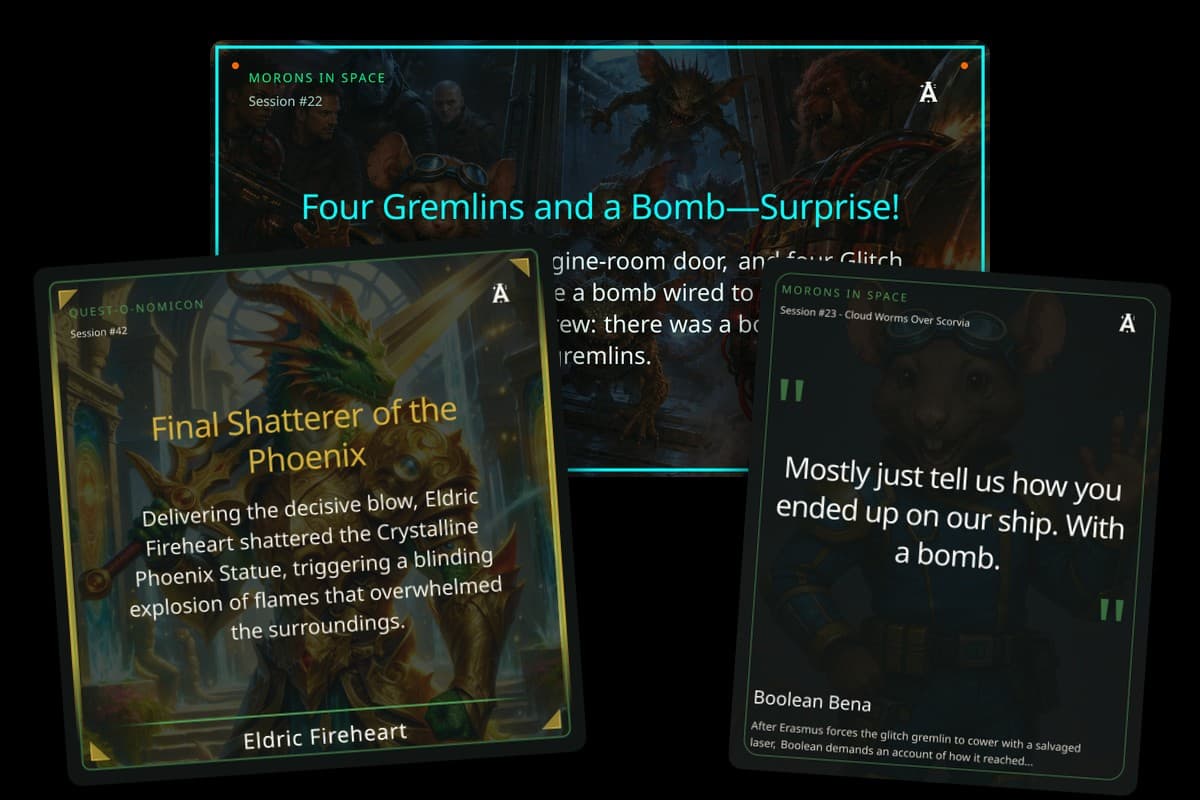 Session Gems package: a Key Moment card, a Hero Award card, and a Memorable Quote card from an Archivist AI campaign