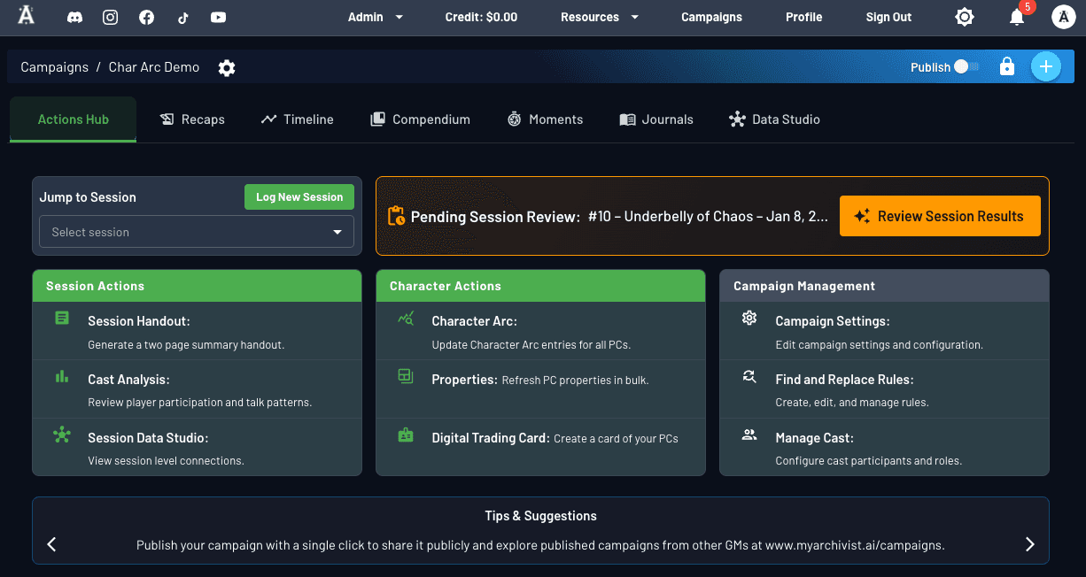 Actions Hub interface showing centralized navigation and tools