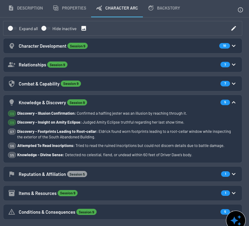 Character Arc interface showing character evolution tracking and player review features