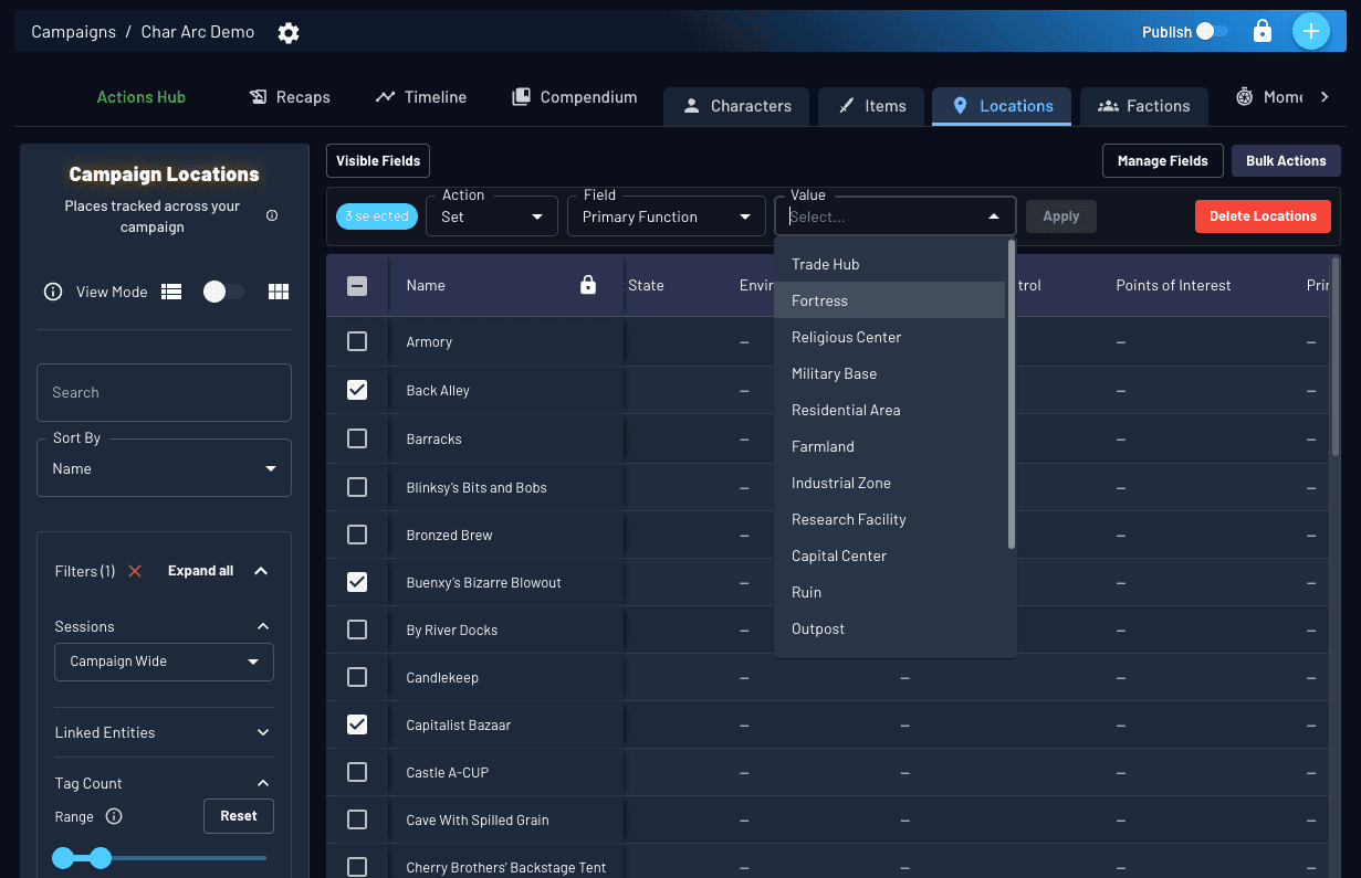 Compendium Category Pages showing list view with advanced filtering and bulk editing