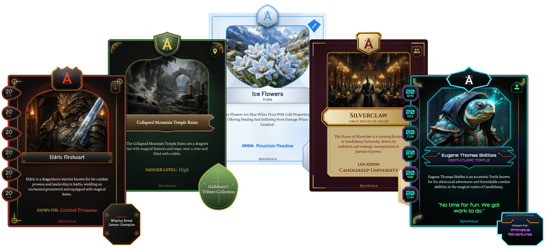 Digital Trading Cards for characters, factions, locations, and items