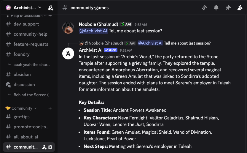 @archivist and /asklive in a Discord channel