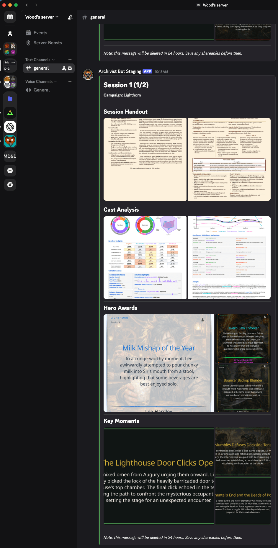 Archivist Discord Collection with Session Handout, Cast Analysis, Hero Awards, and Key Moments