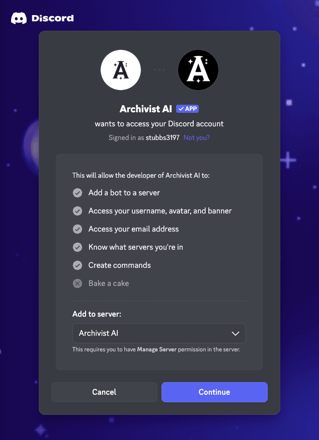 Connect Discord from your Archivist profile