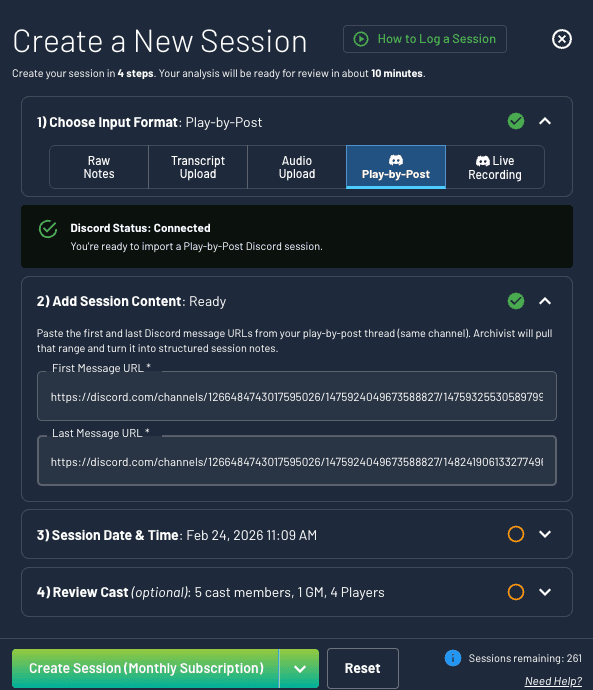 Play-by-Post session with Discord message URLs