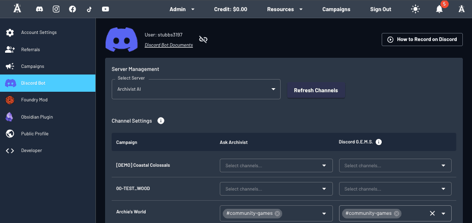 Archivist profile with Discord connected and speaker mapping