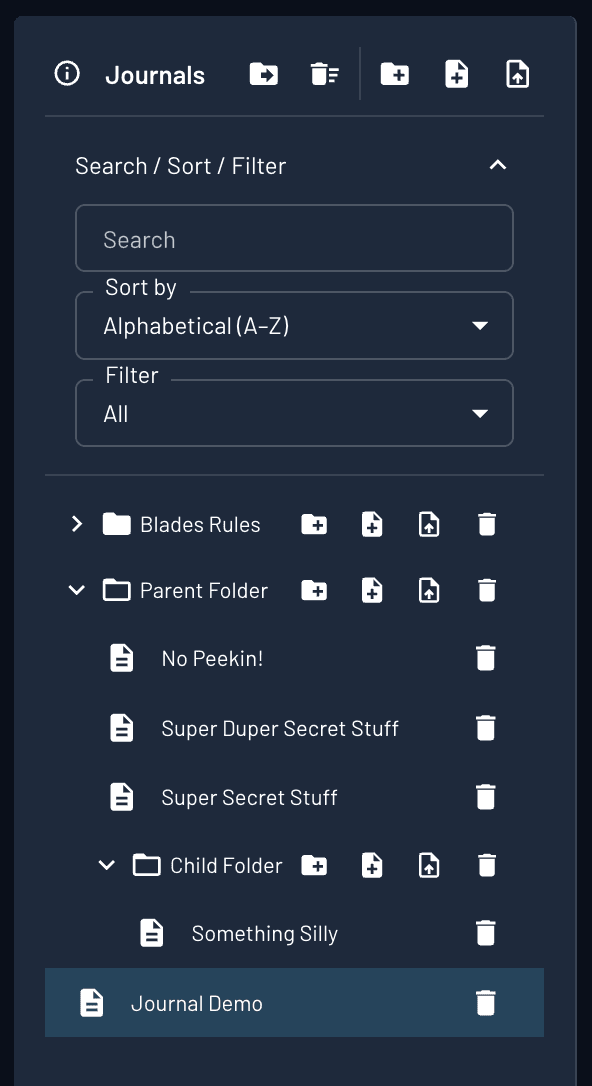Organized journals with folder hierarchy, search, sort, and filter controls