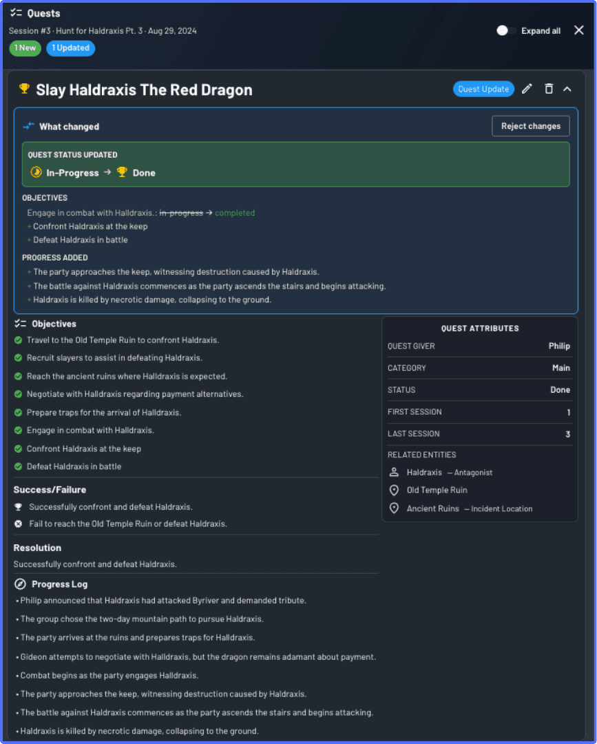 Quest Log diff drawer - review and merge/split actions before committing