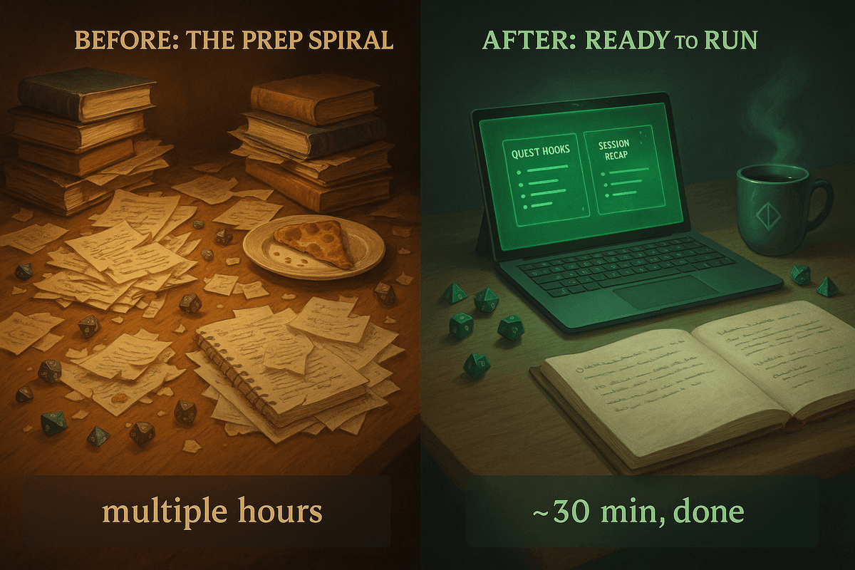 Split image showing TTRPG prep before and after using AI. Left side: messy desk with scattered notes, dice, and pizza slice under the label 'Before: The Prep Spiral, multiple hours.' Right side: clean desk with organized dice, laptop showing 'Quest Hooks' and 'Session Recap,' under the label 'After: Ready to Run, about 30 min, done.'