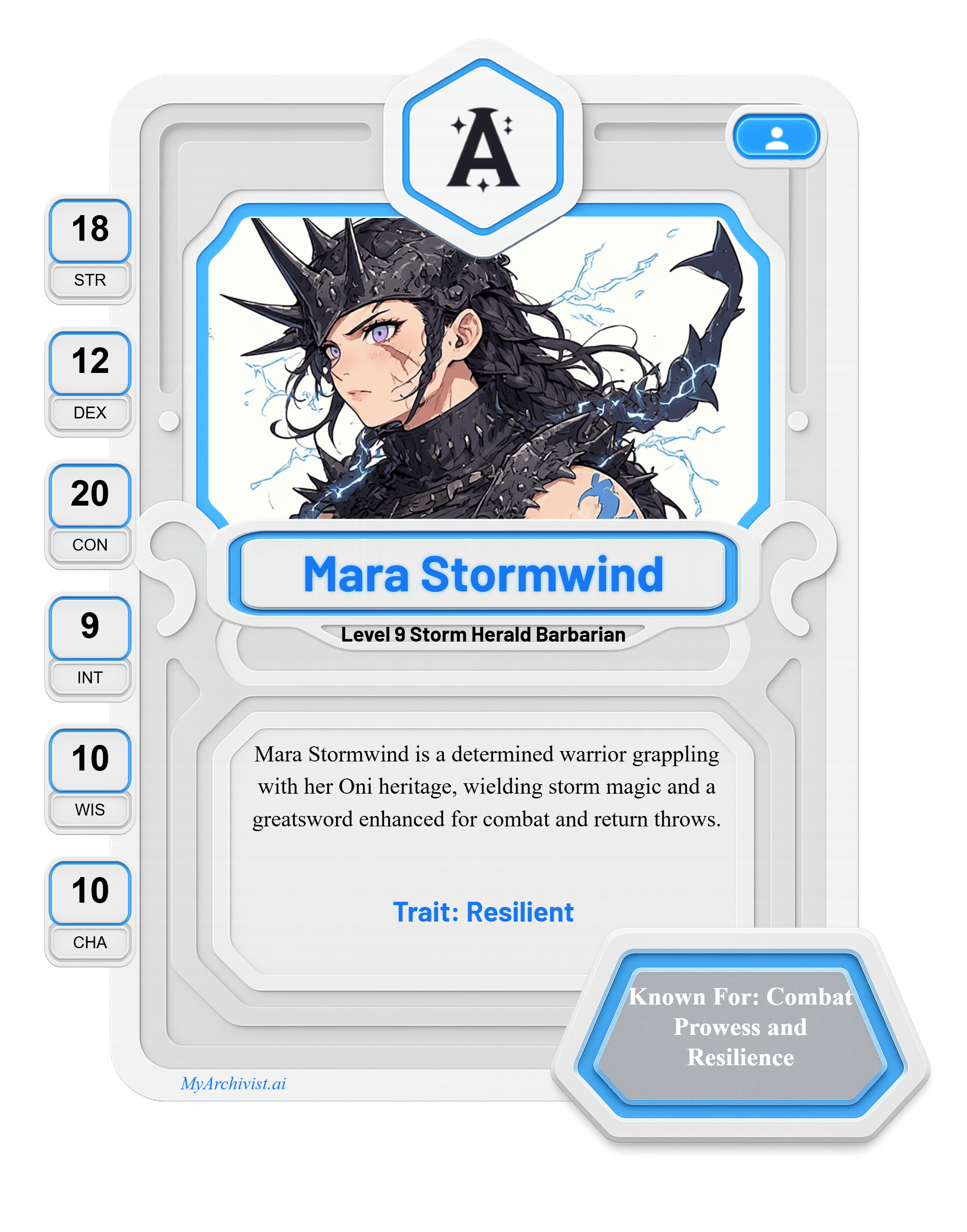 Mara Stormwind trading card - Character from Baraneth: The Dawnforged