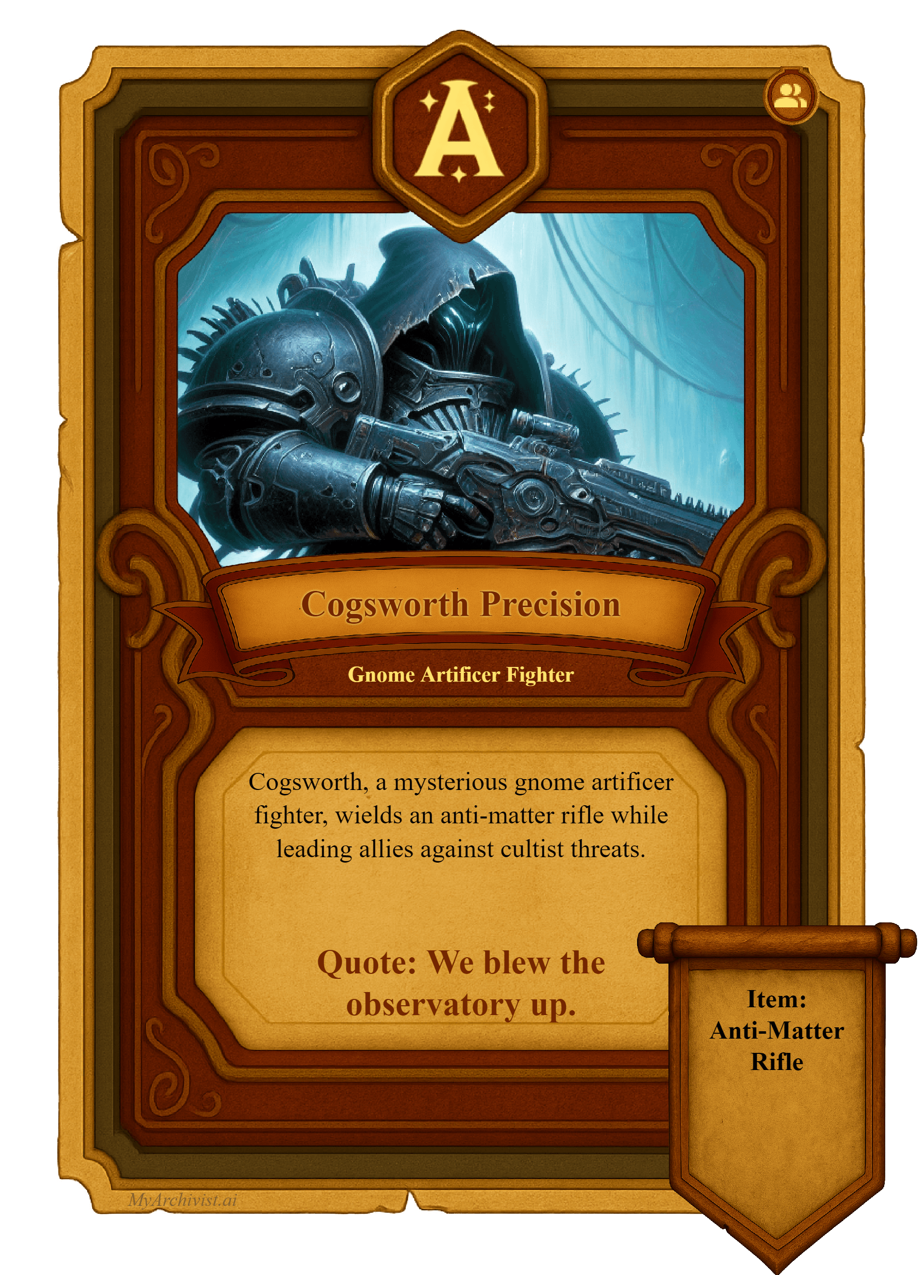 Cogsworth Precision trading card - Character from Crysinthia