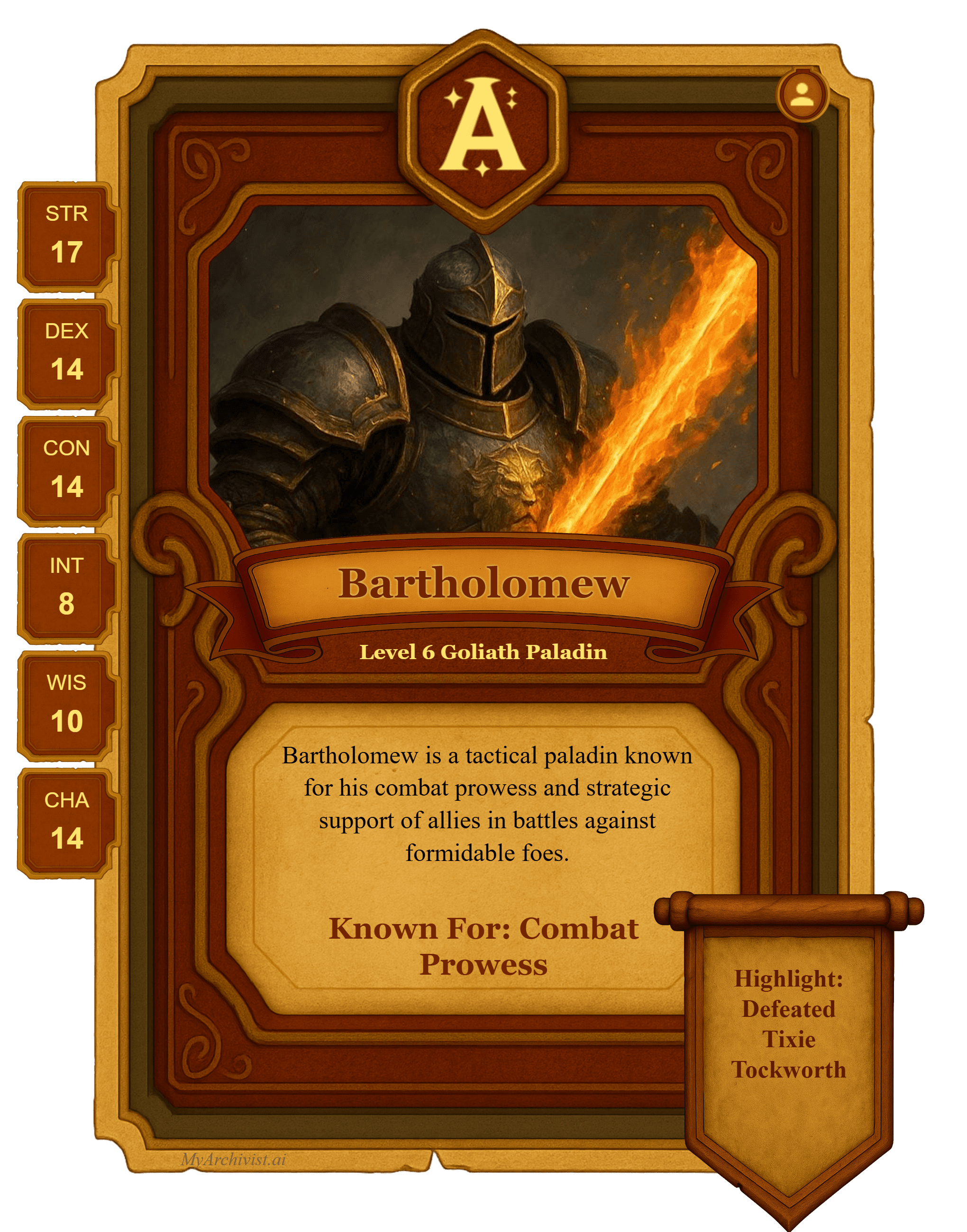 Bartholomew trading card - Character from completed Wednesday D&D