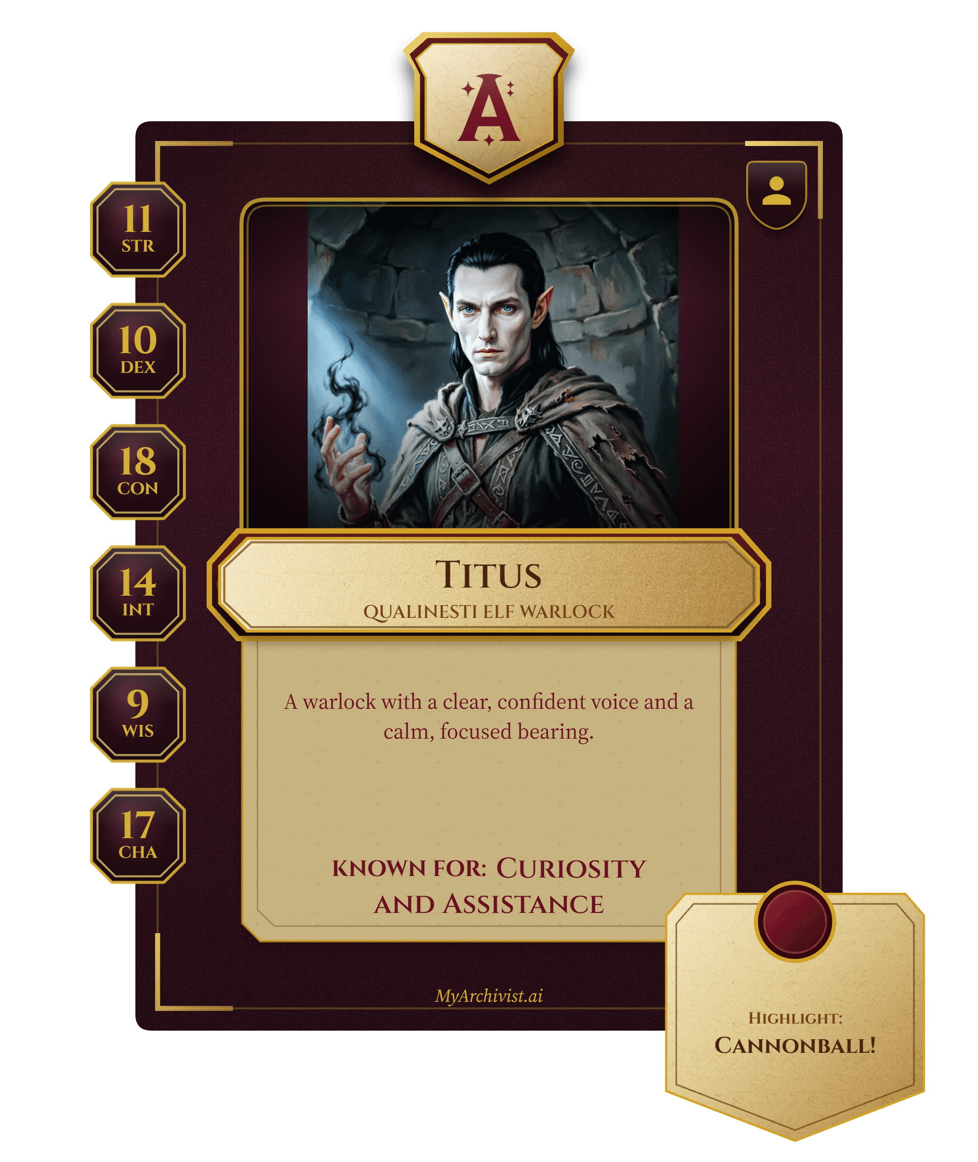 Titus trading card - Character from The Inkwell of the Ages