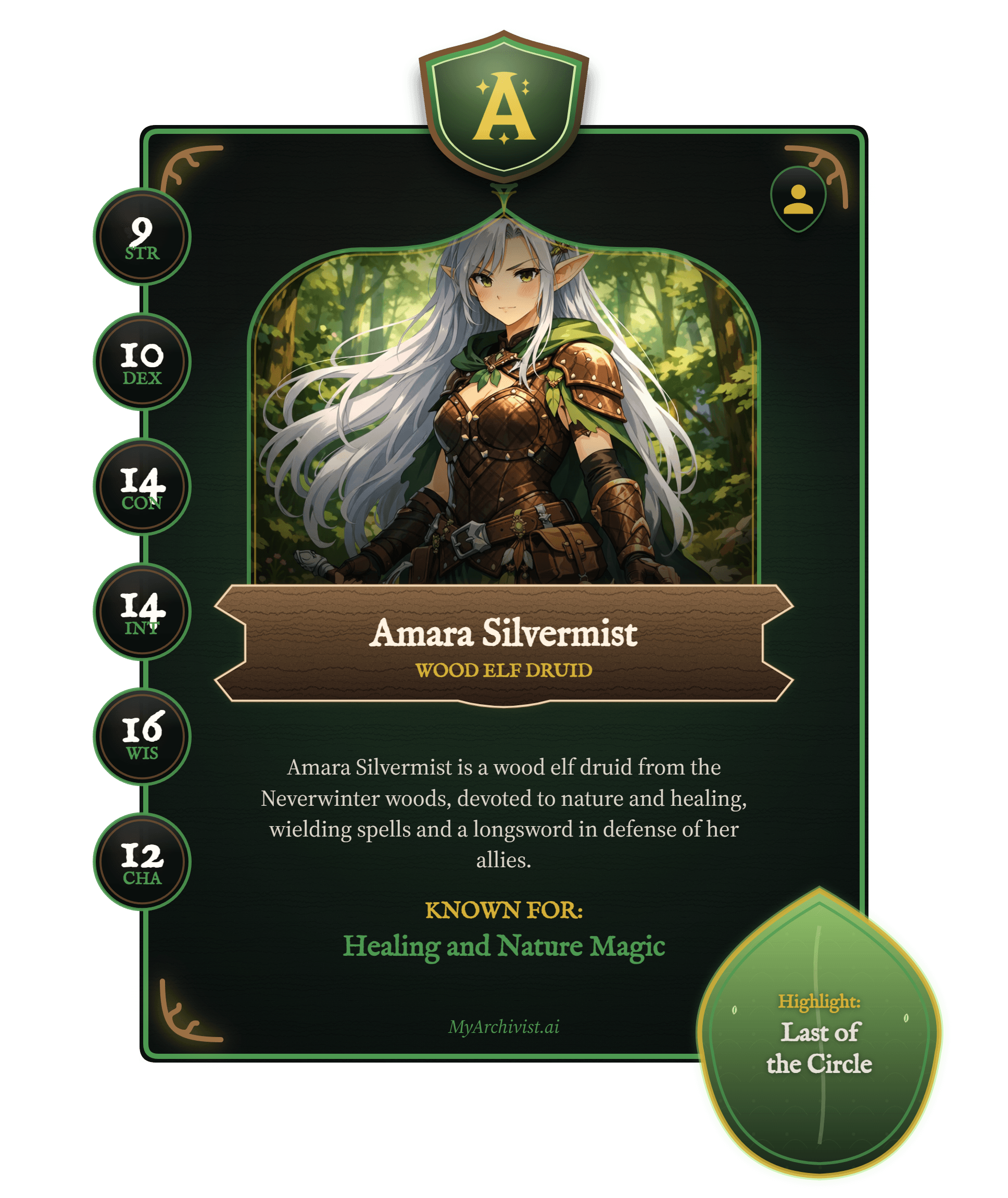 Amara Silvermist trading card - Character from Echoes of the Sword Coast: The Wayward Legends