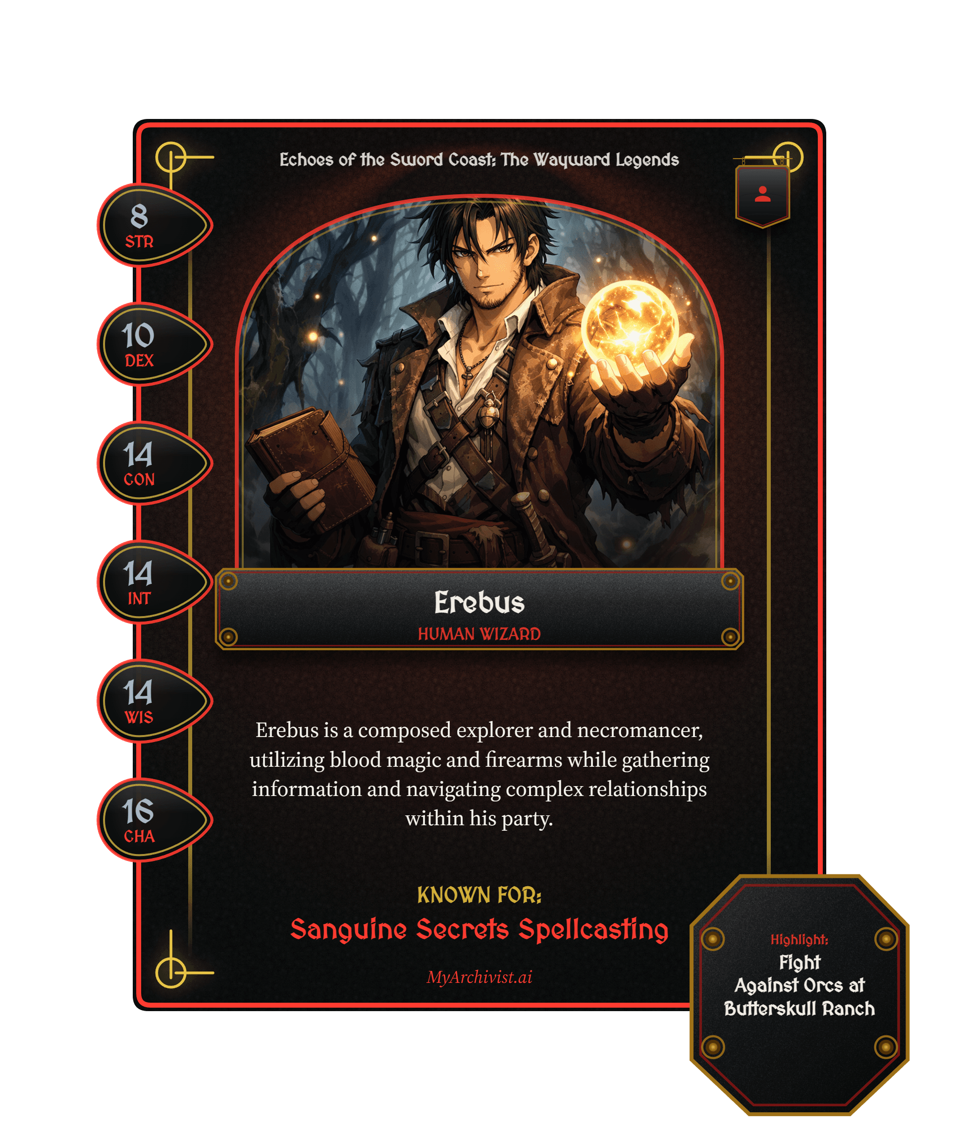 Erebus trading card - Character from Echoes of the Sword Coast: The Wayward Legends