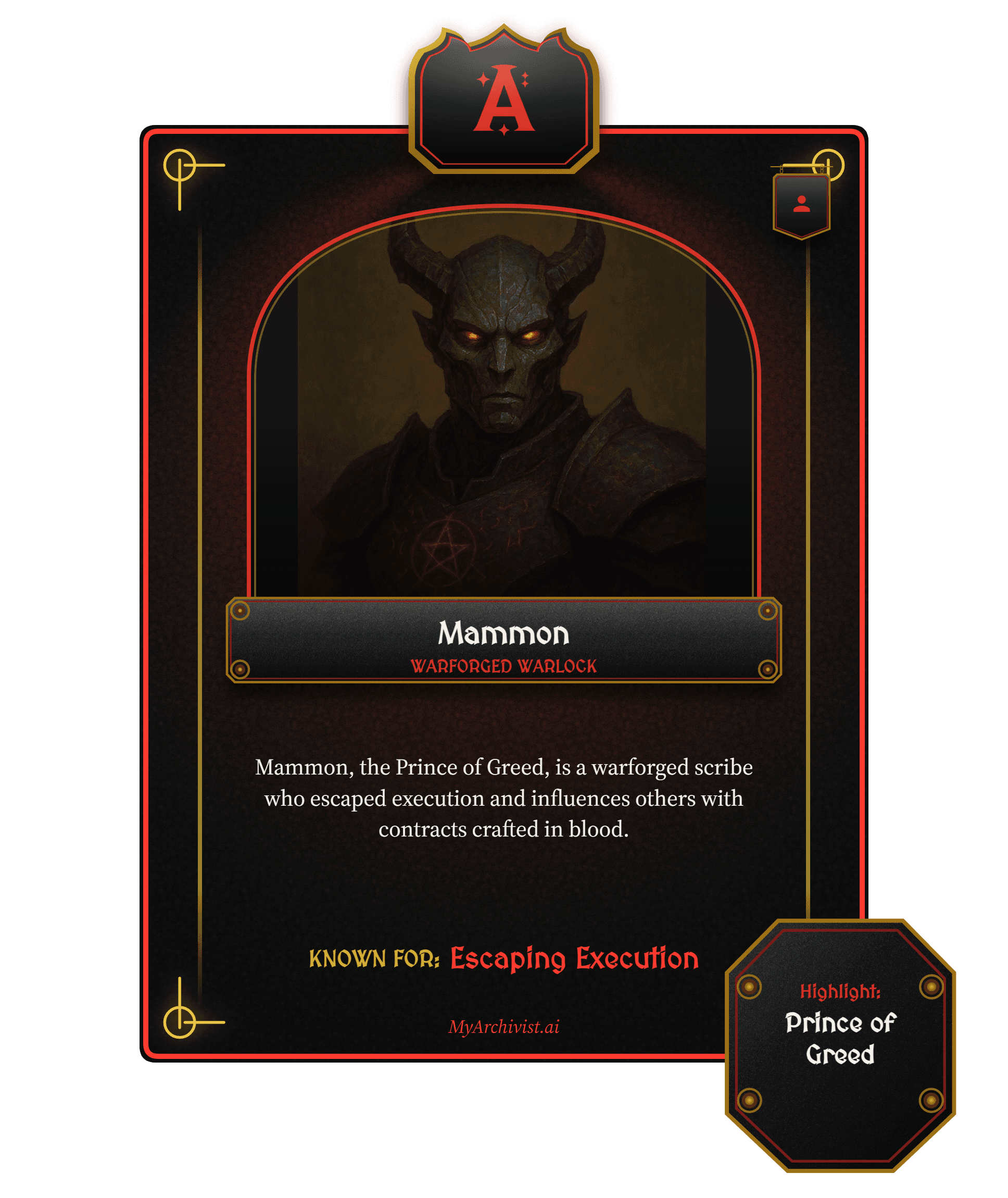 Mammon trading card - Character from Echoes of the Sword Coast: The Wayward Legends