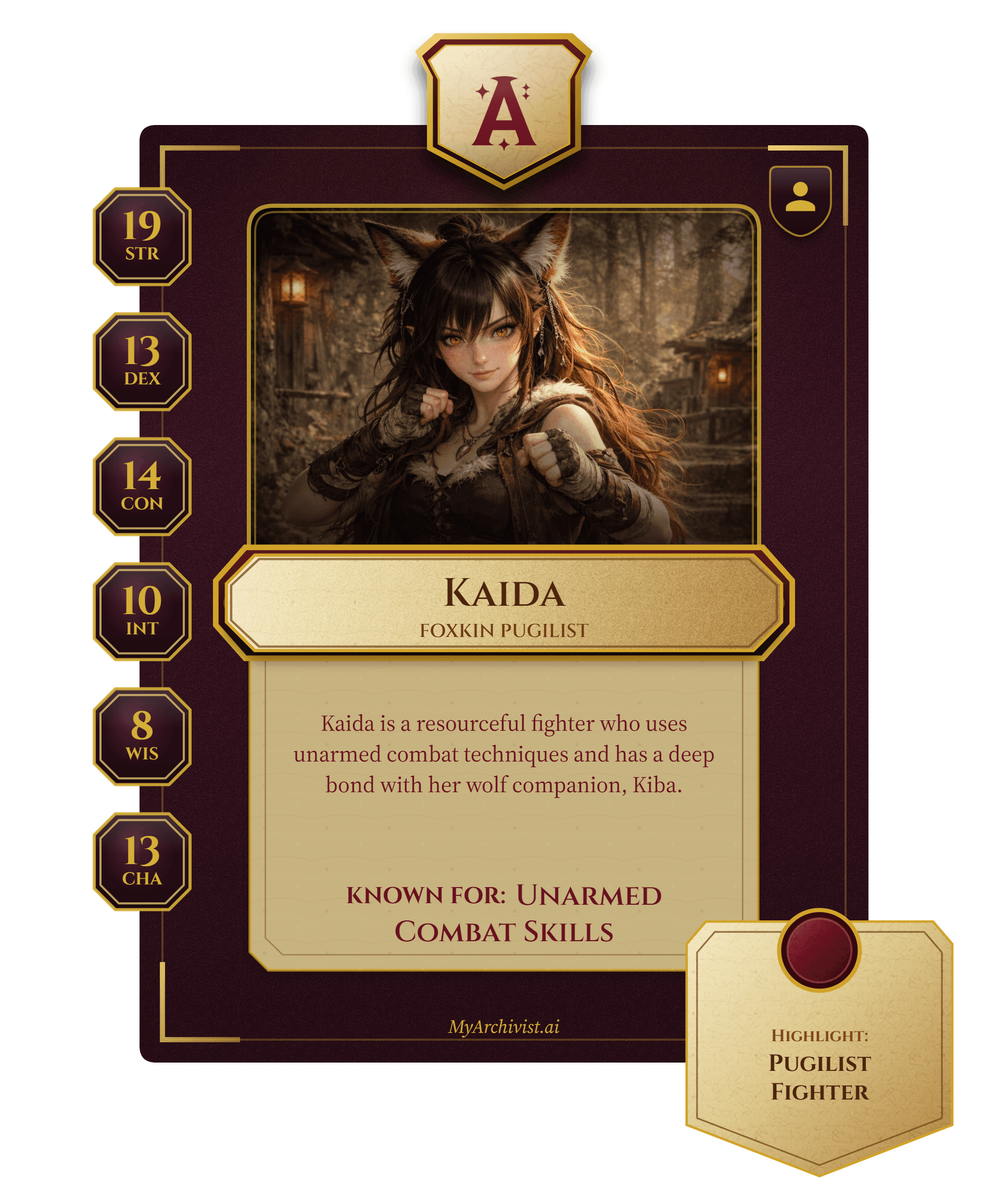 Kaida trading card - Character from Echoes of the Sword Coast: The Wayward Legends
