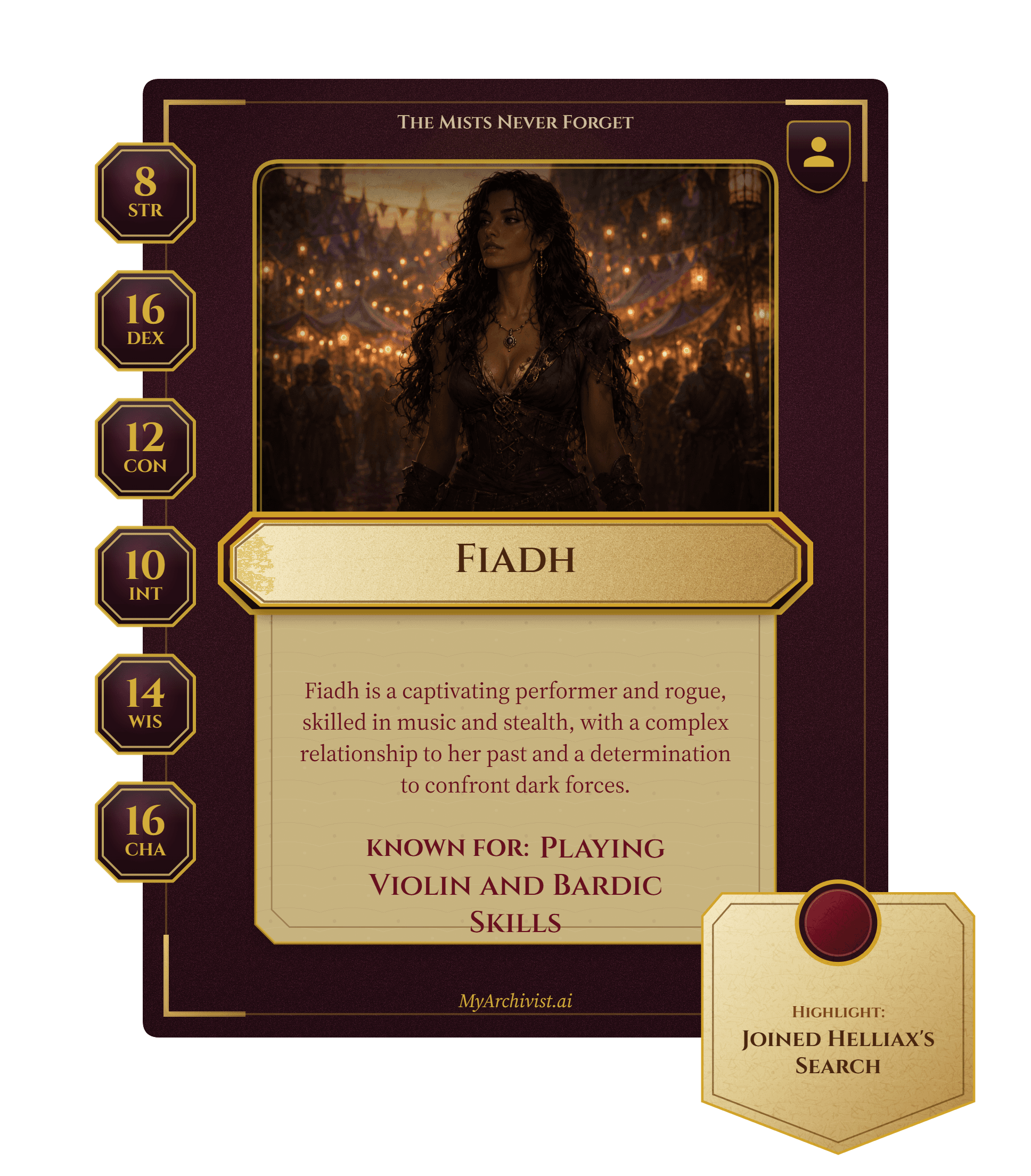 Fiadh trading card - Character from The Mists Never Forget