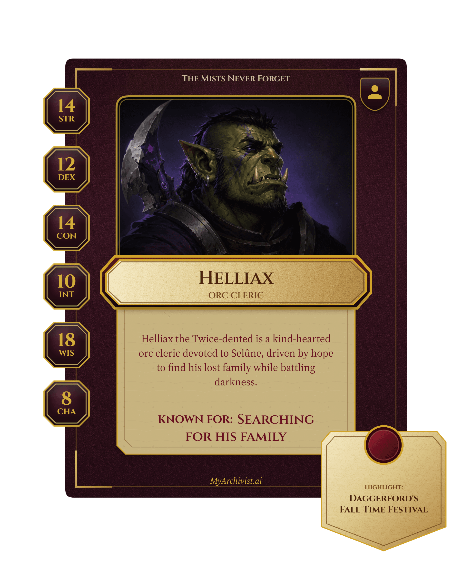 Helliax trading card - Character from The Mists Never Forget