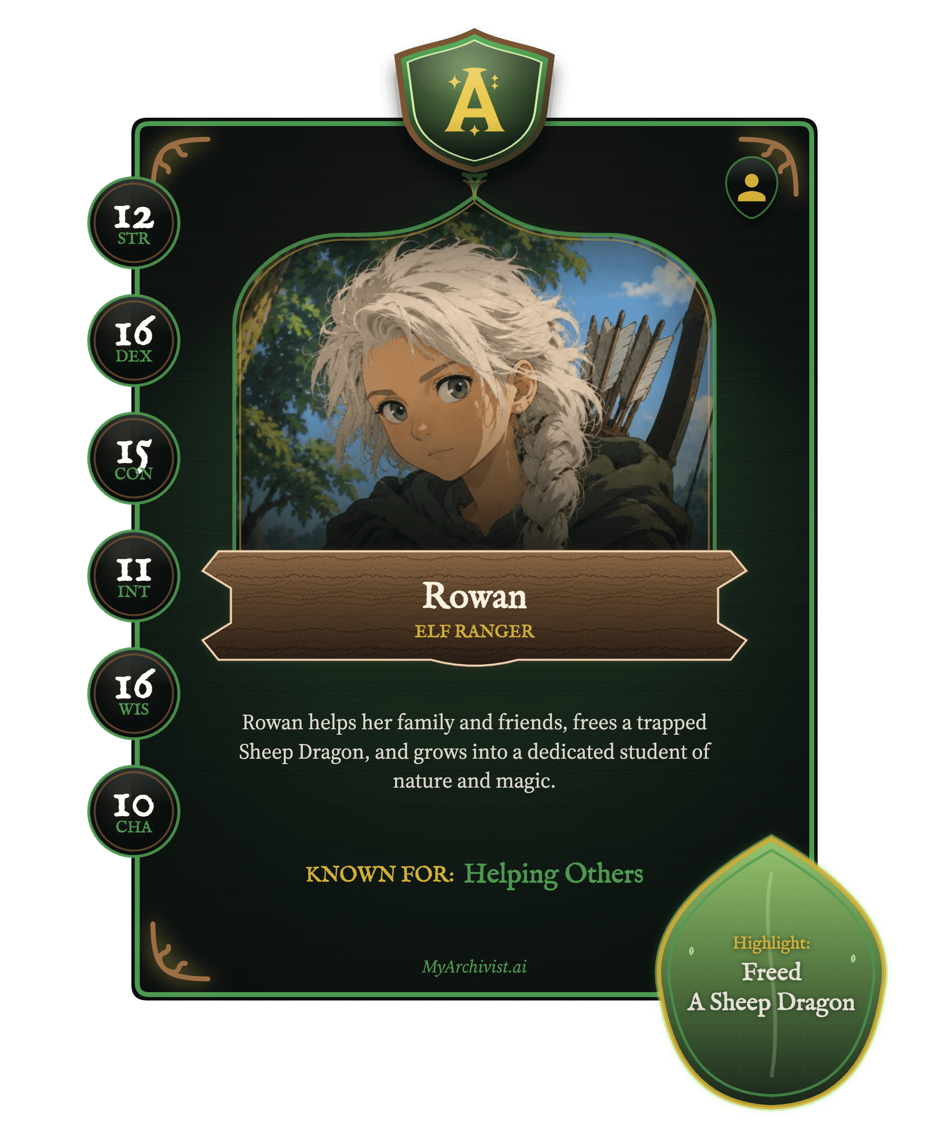 Rowan trading card - Character from Obojima: Roots of Corruption