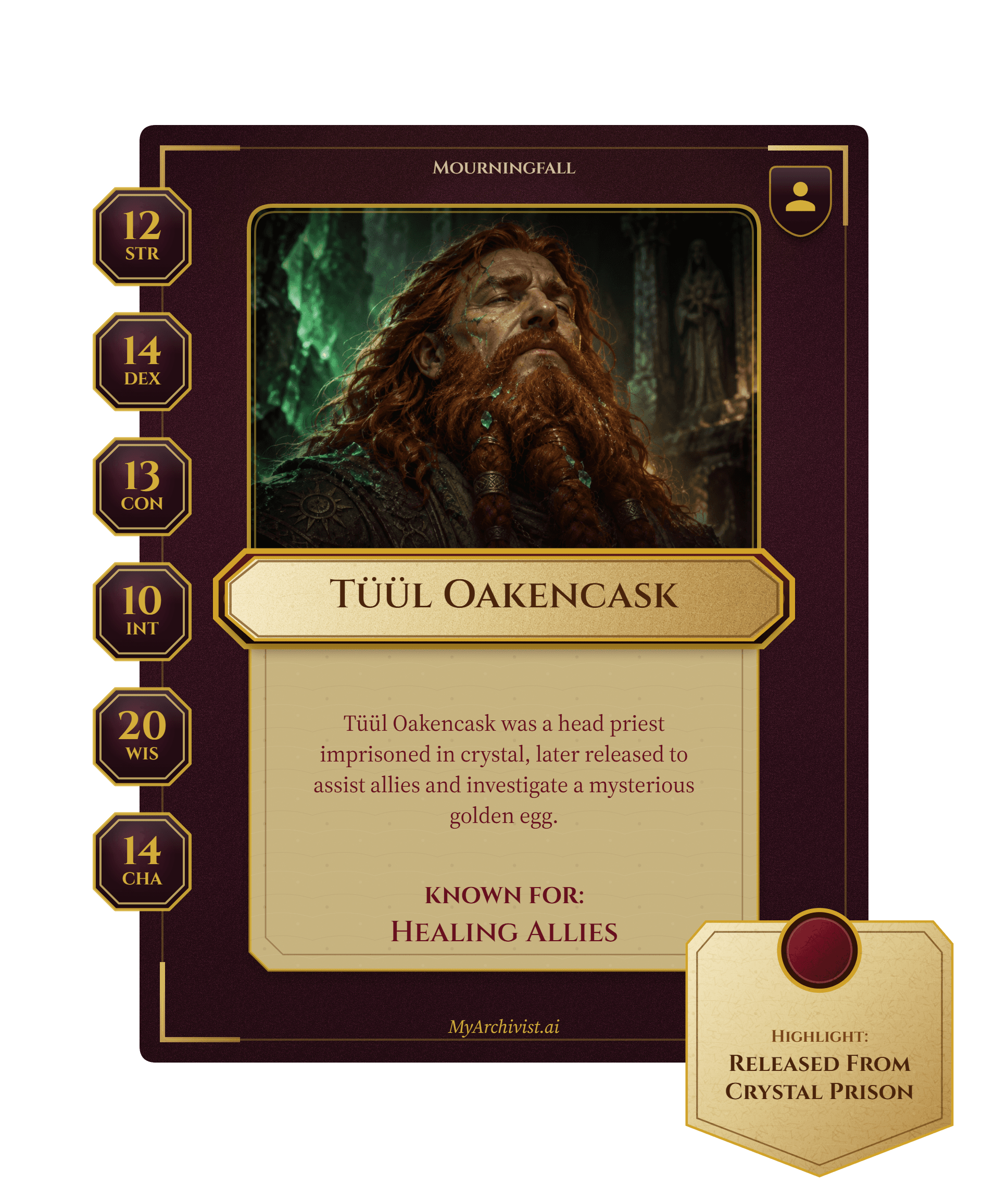 Tüül Oakencask trading card - Character from Mourningfall