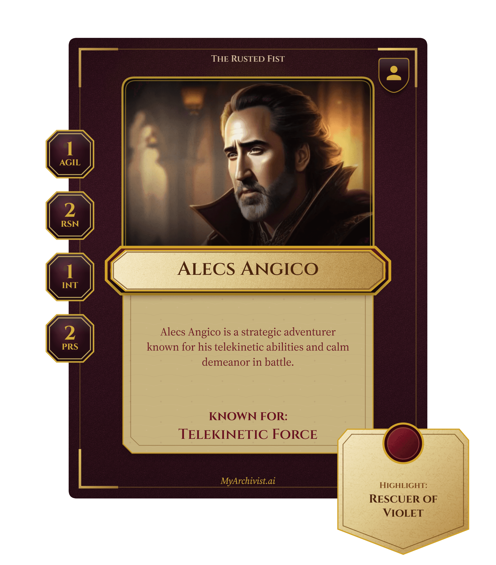 Alecs Angico trading card - Character from The Rusted Fist