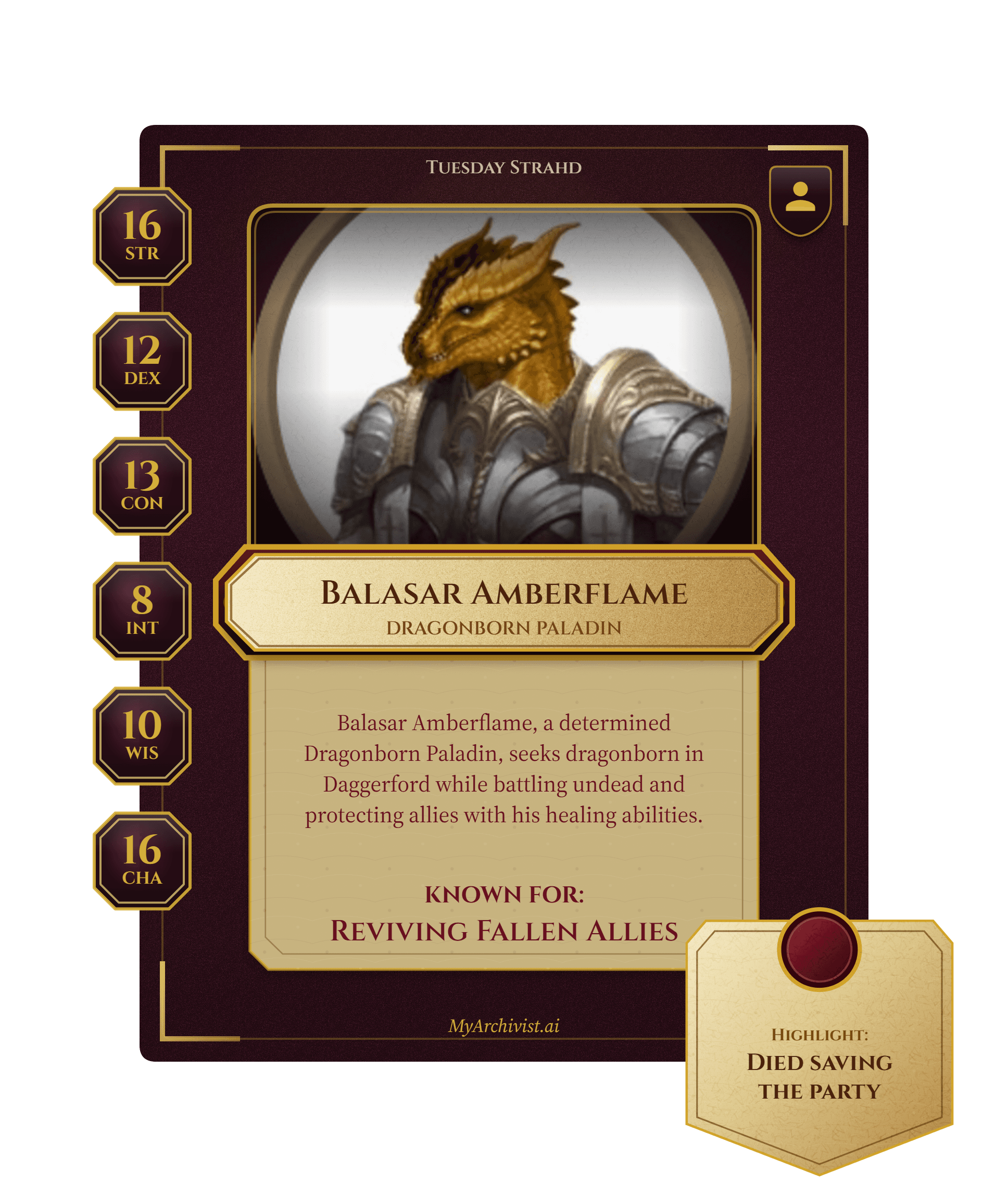 Balasar Amberflame trading card - Character from Tuesday Strahd