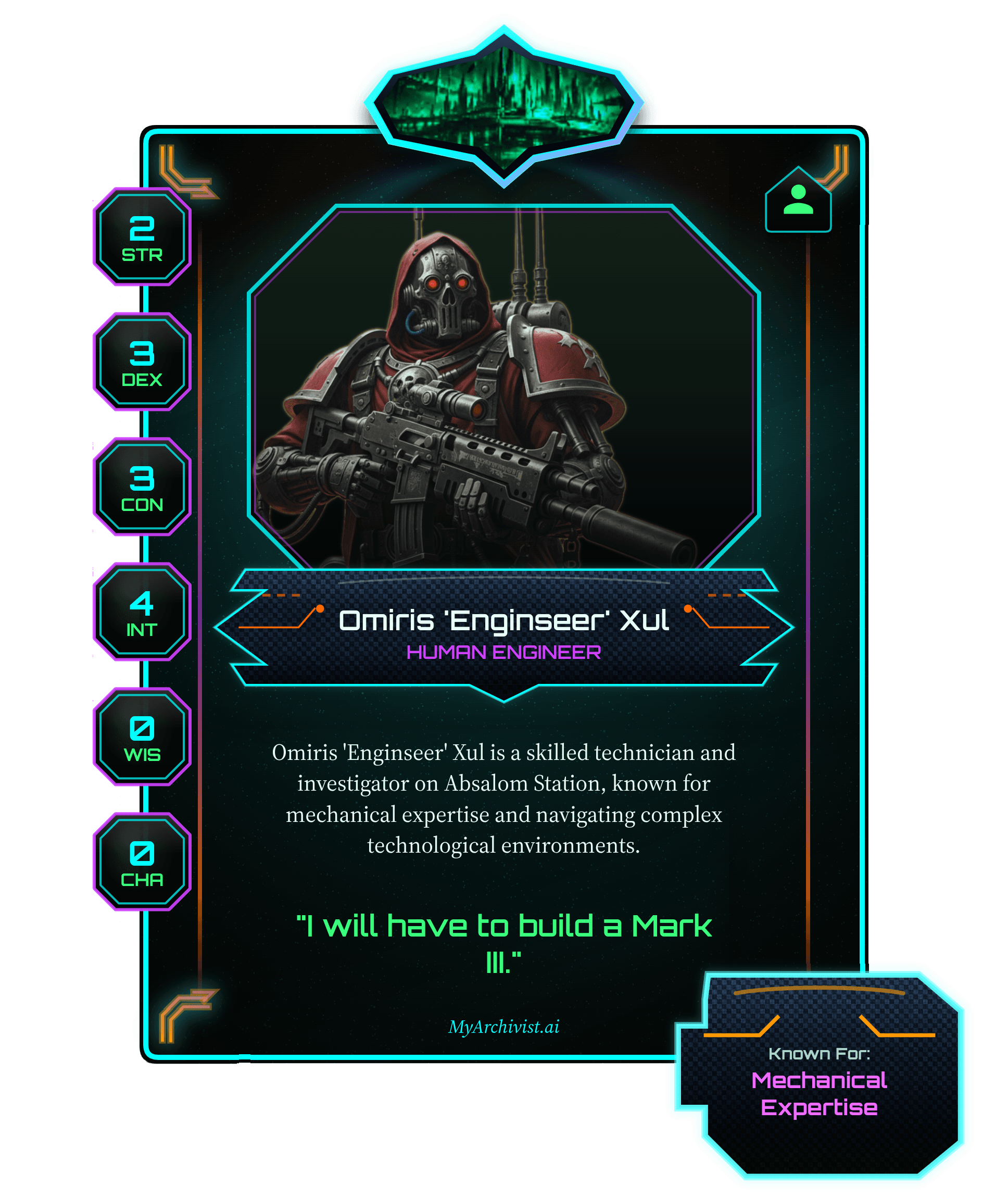 Omiris 'Enginseer' Xul trading card - Character from Insane Crown Posse