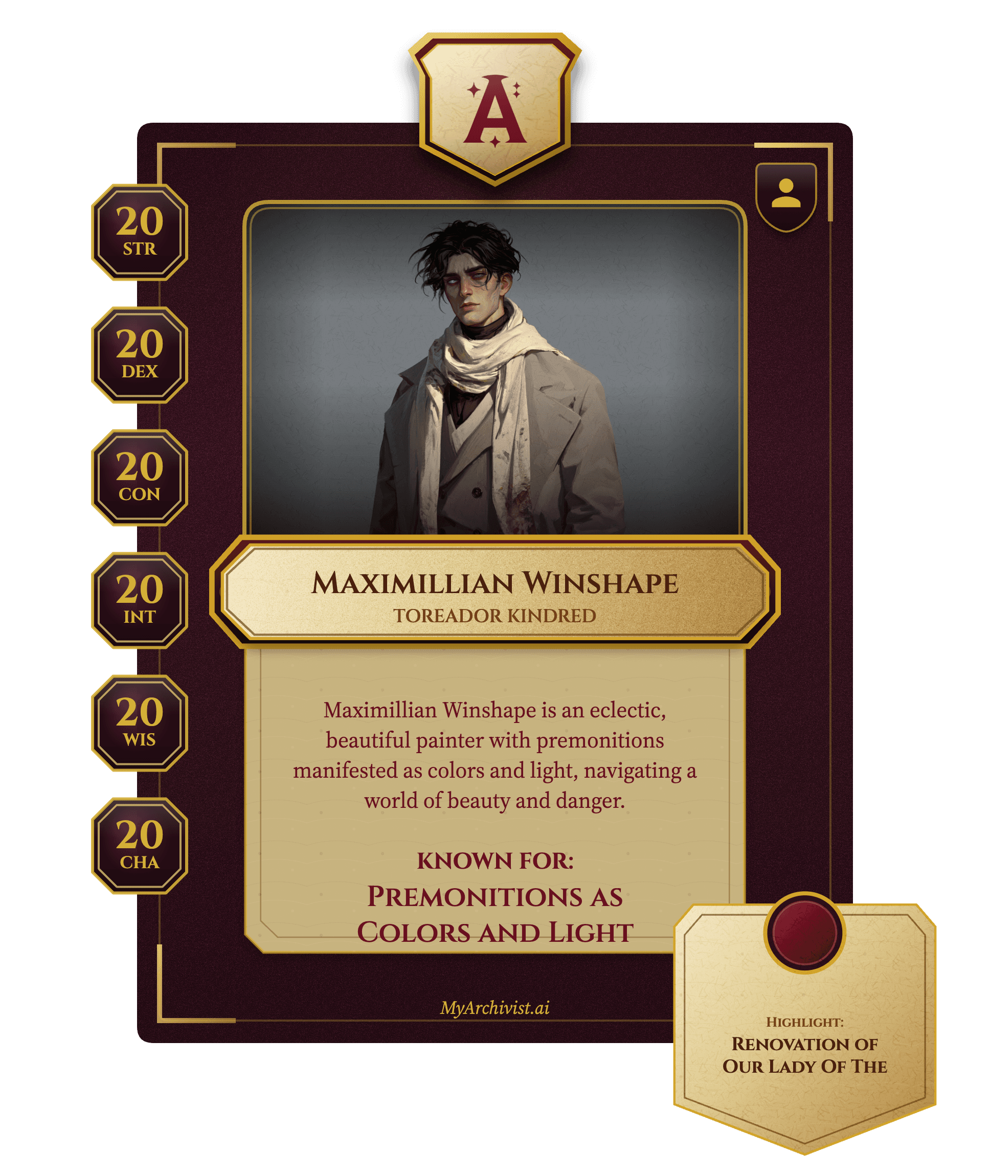 Maximillian Winshape trading card - Character from VtM: Atlanta Noir