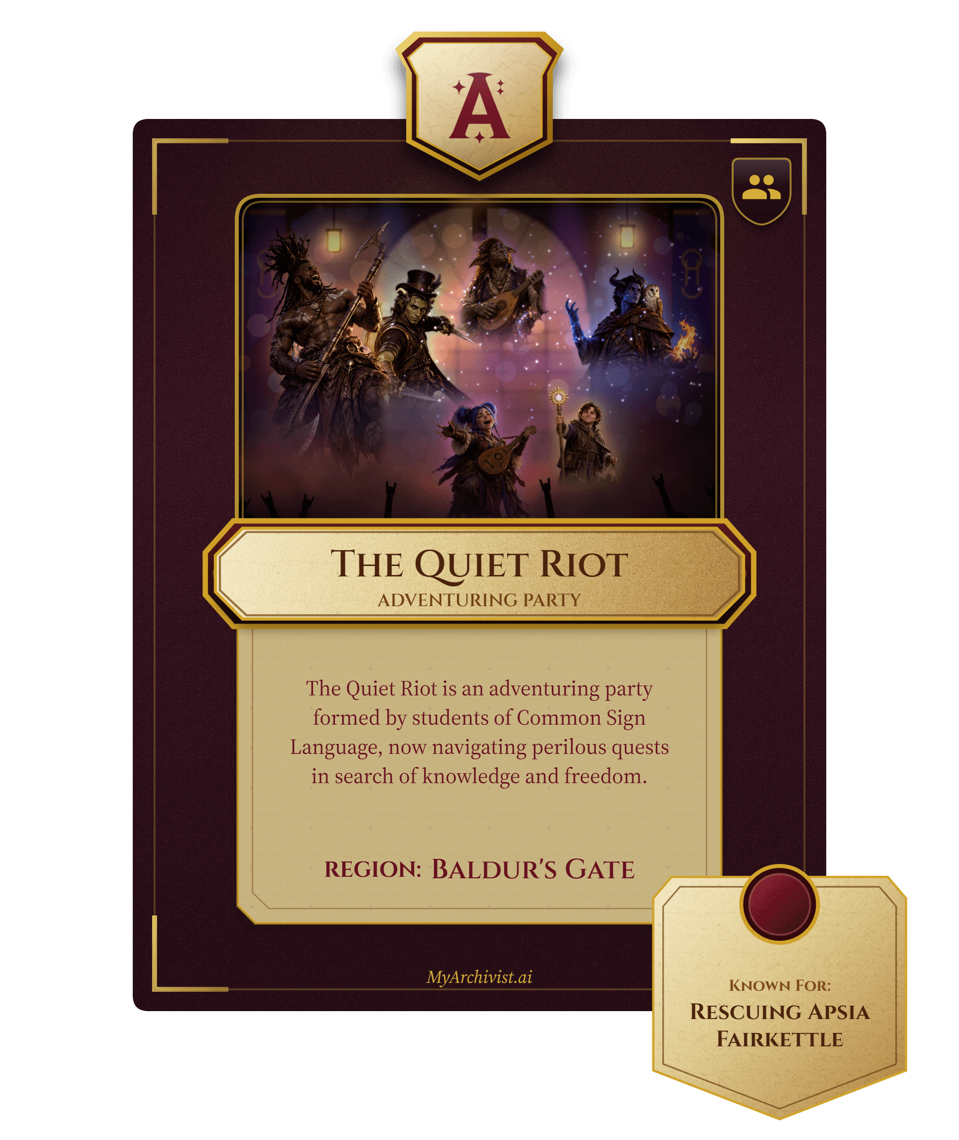 The Quiet Riot trading card - Faction from DM Josh's Candlekeep Mysteries