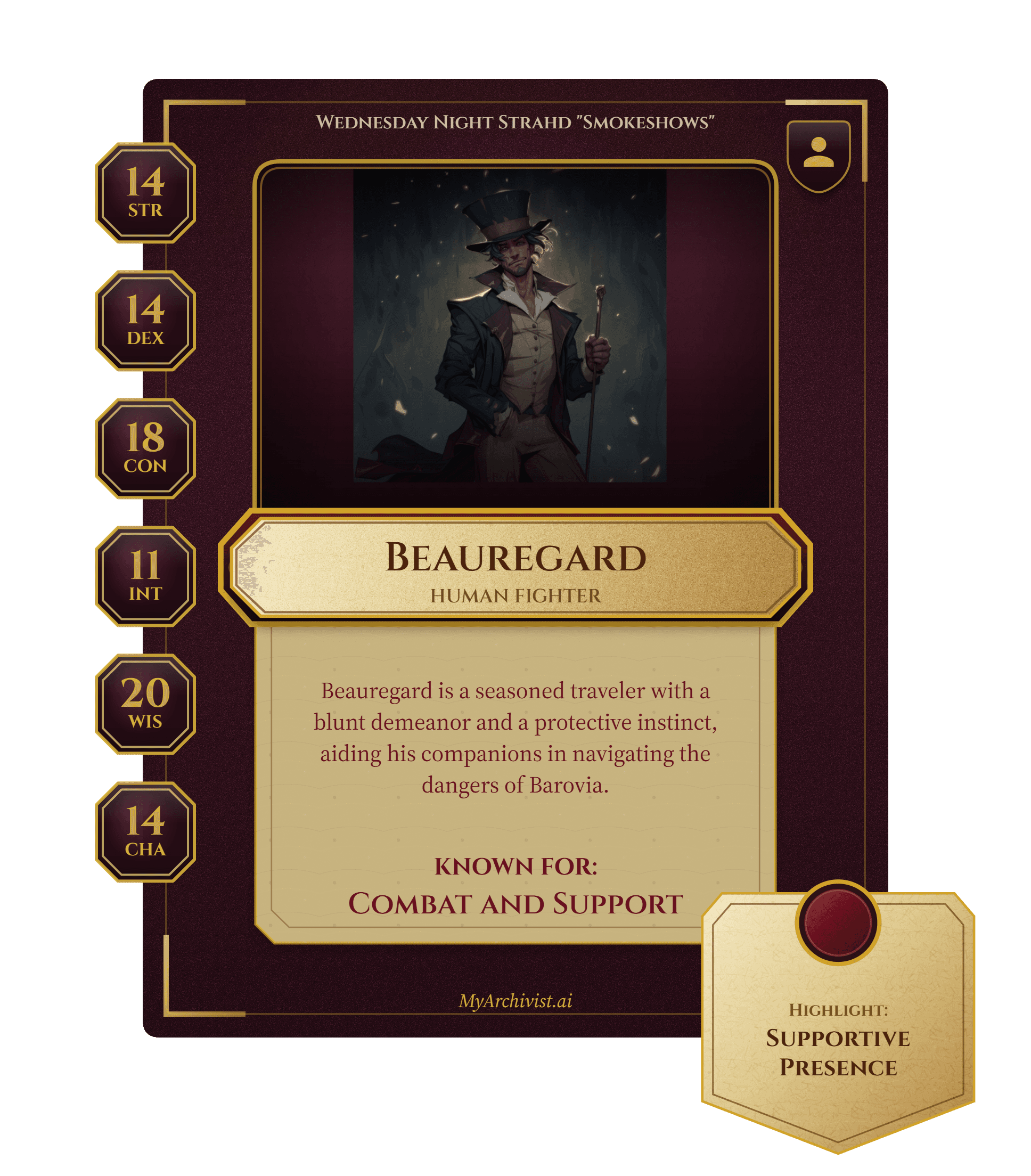 Beauregard trading card - Character from Wednesday Night Strahd "Smokeshows"
