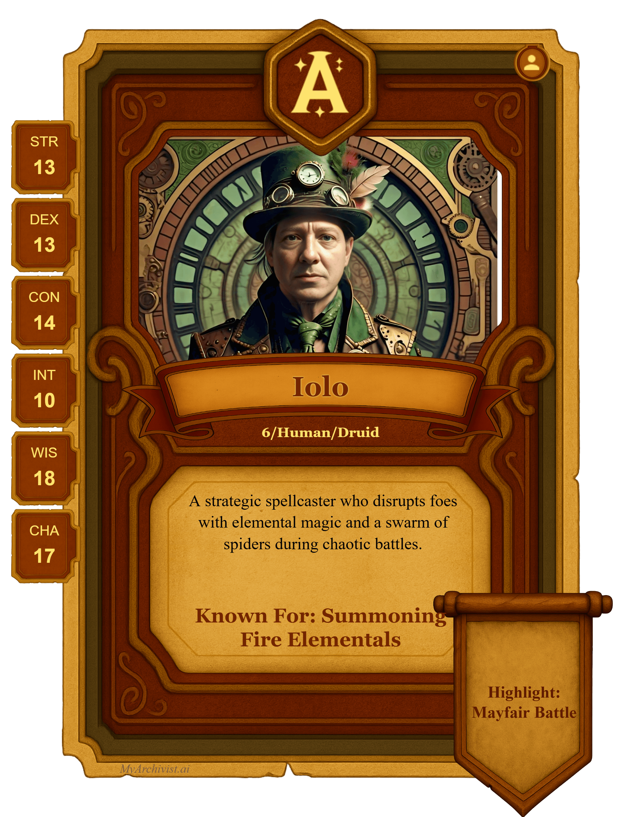 Iolo trading card - Character from SteamPunk London