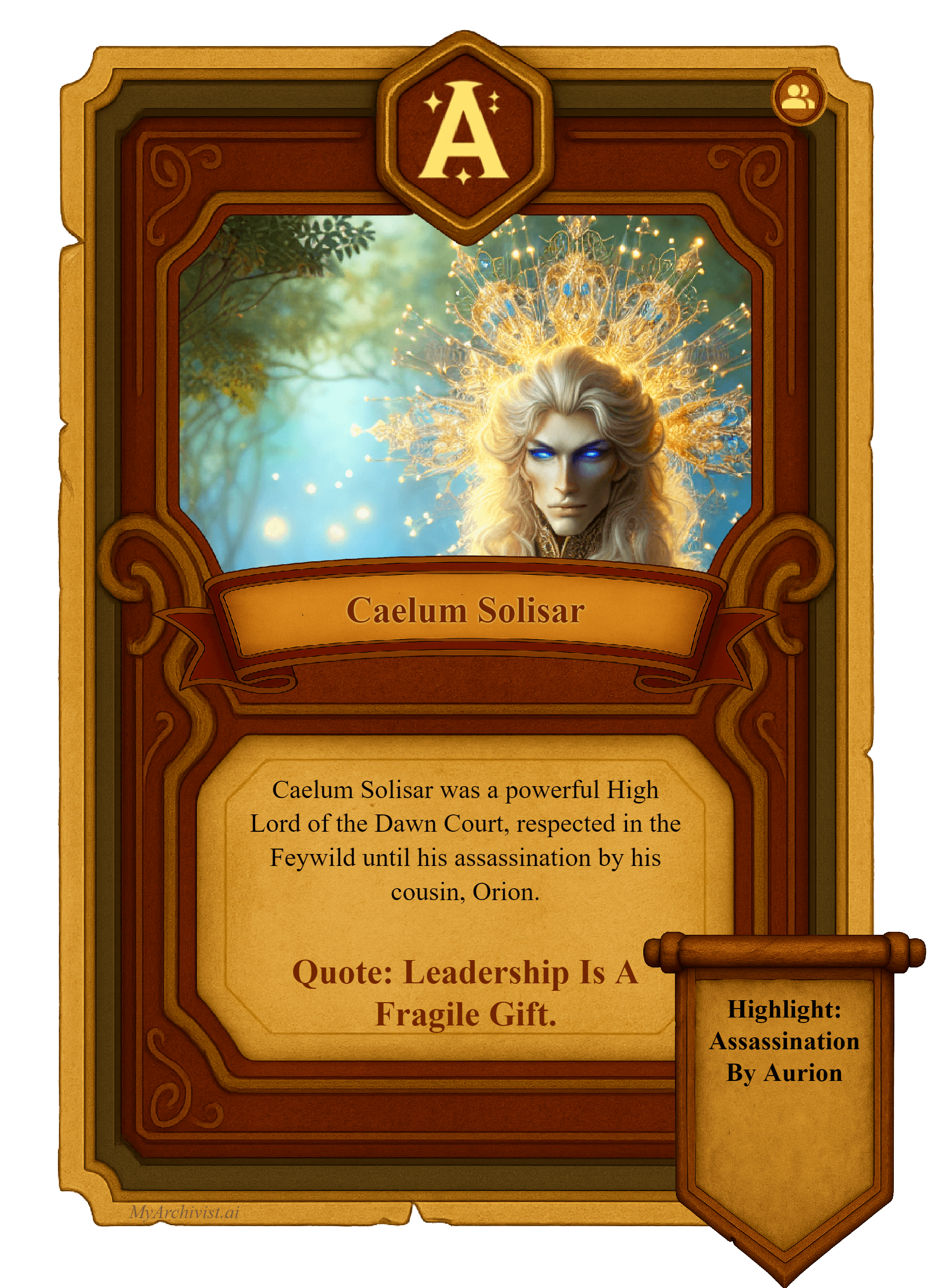 Caelum Solisar trading card - Character from Crysinthia