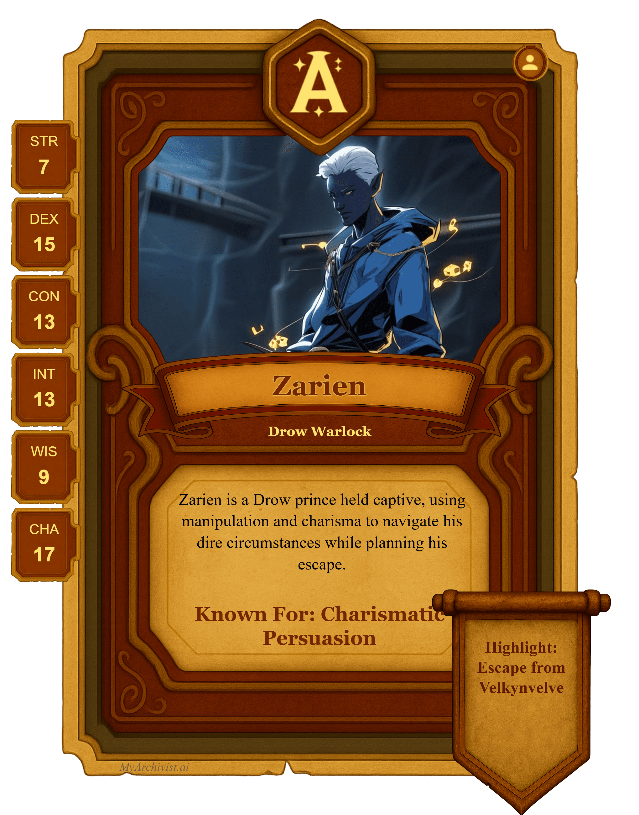 Zarien trading card - Character from Out of the Abyss