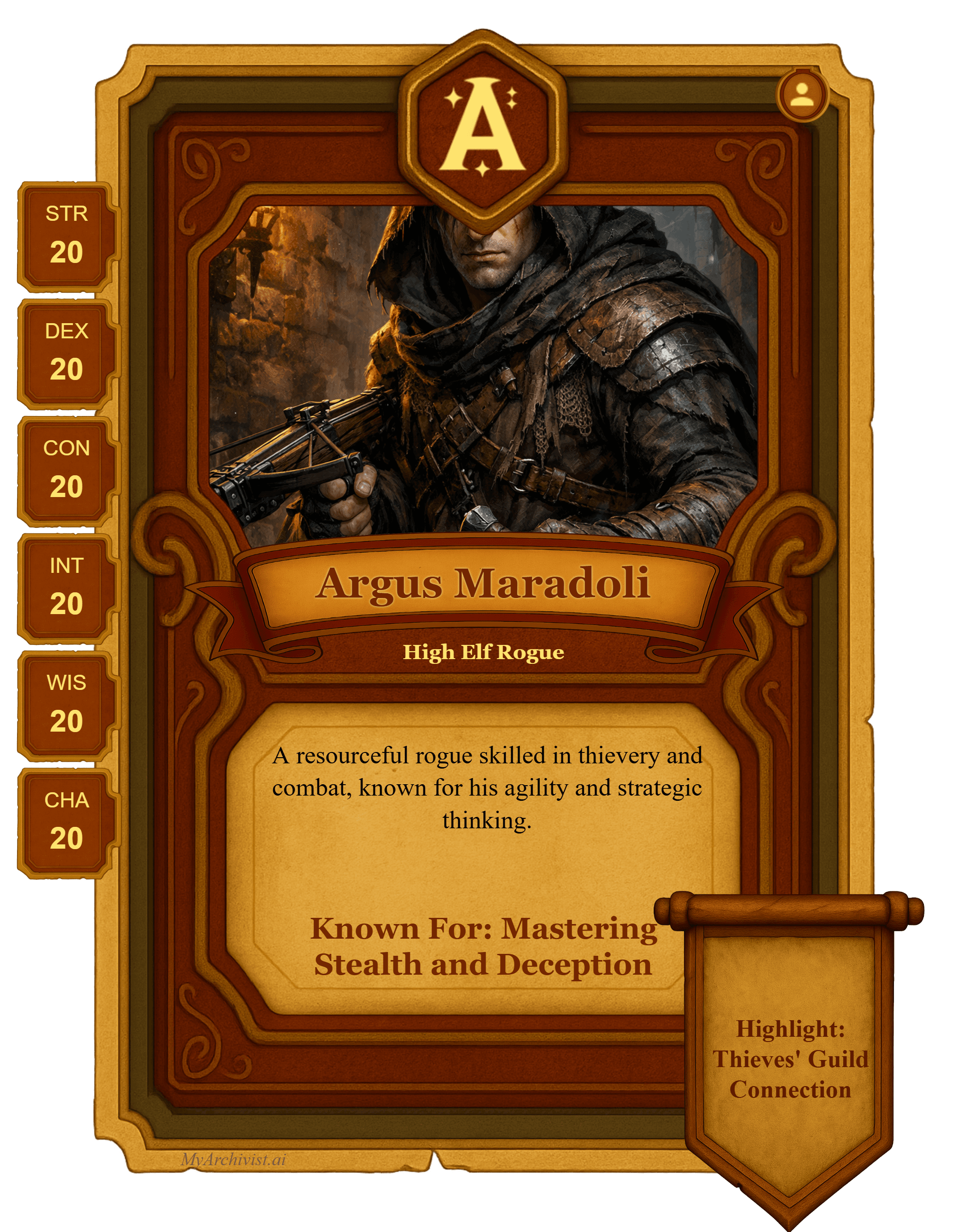 Argus Maradoli trading card - Character from Lands of Intrigue