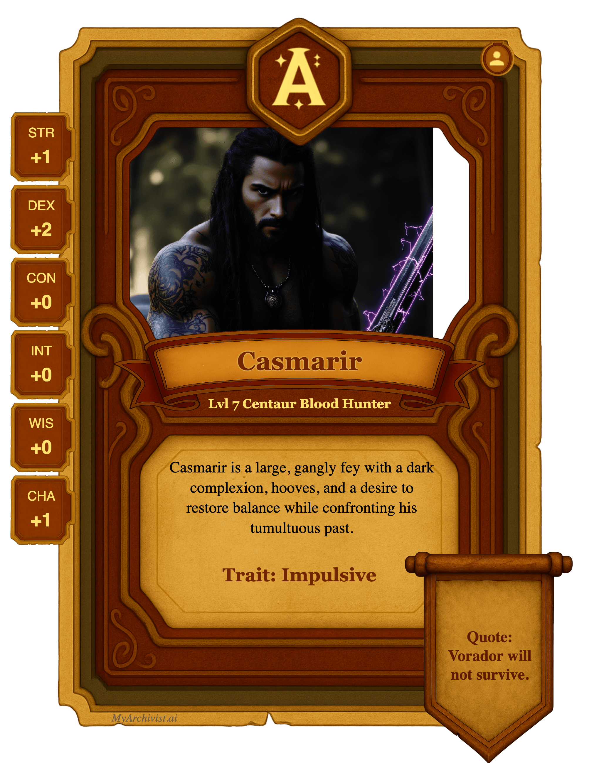 Casmarir trading card - Character from The Woefully Unlearned Dungeon Crawlers