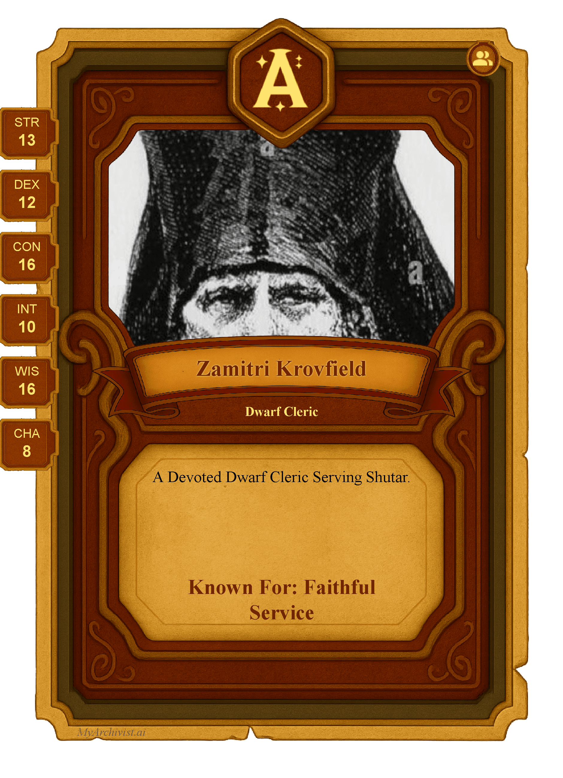 Zamitri Krovfield trading card - Character from Kalinima - Echos of the Devine