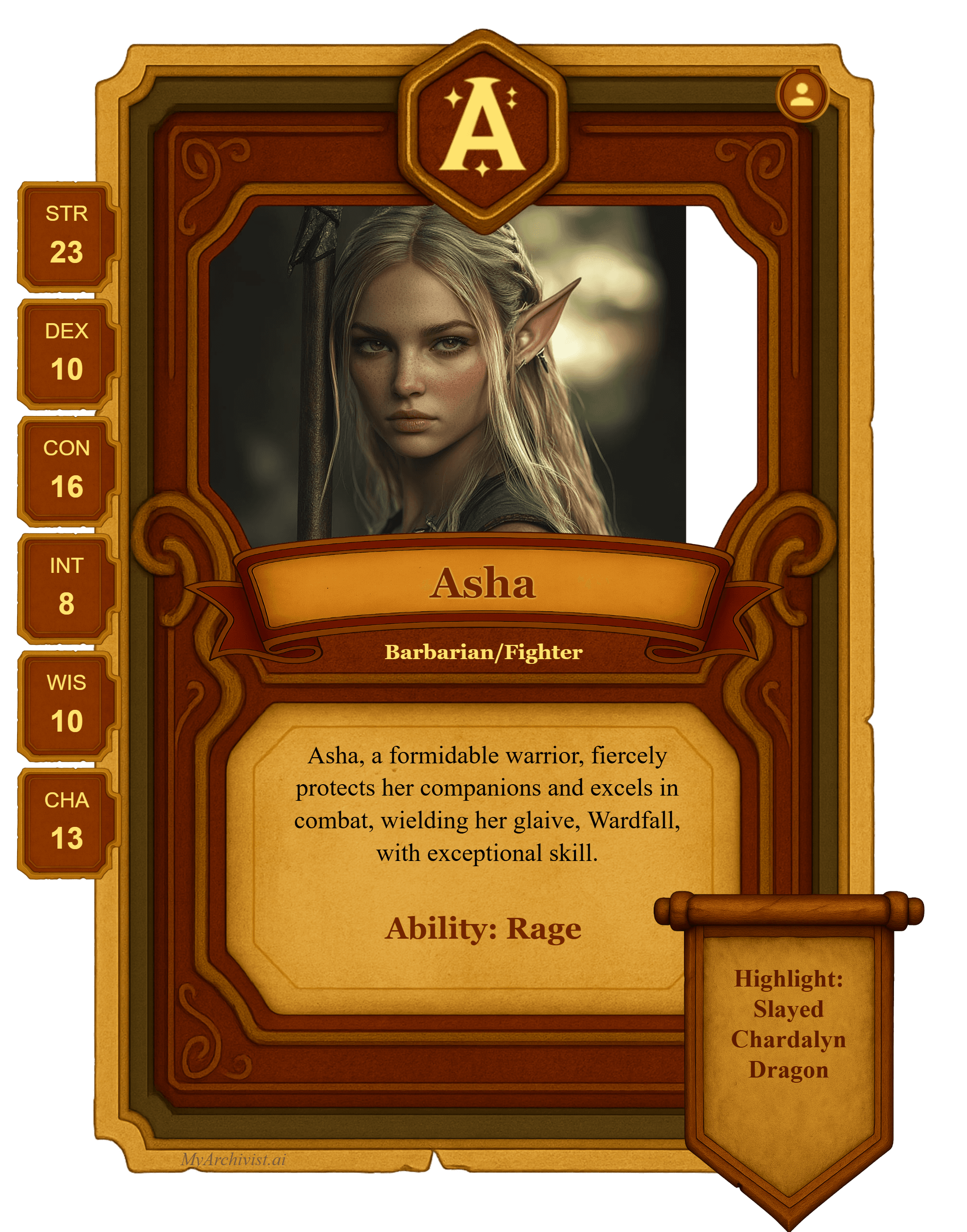 Asha trading card - Character from Stonewood Keep