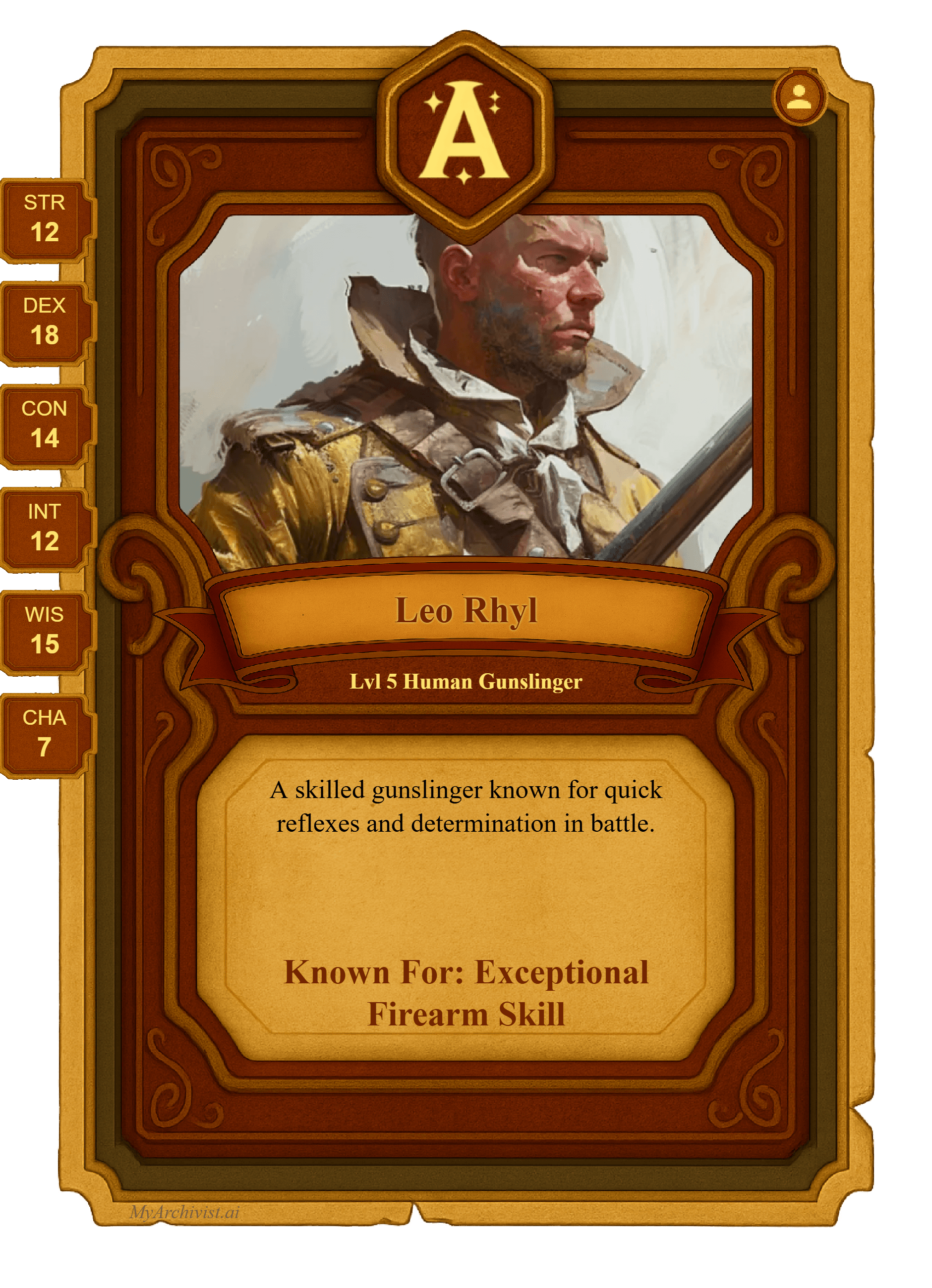 Leo Rhyl trading card - Character from My First Campaign