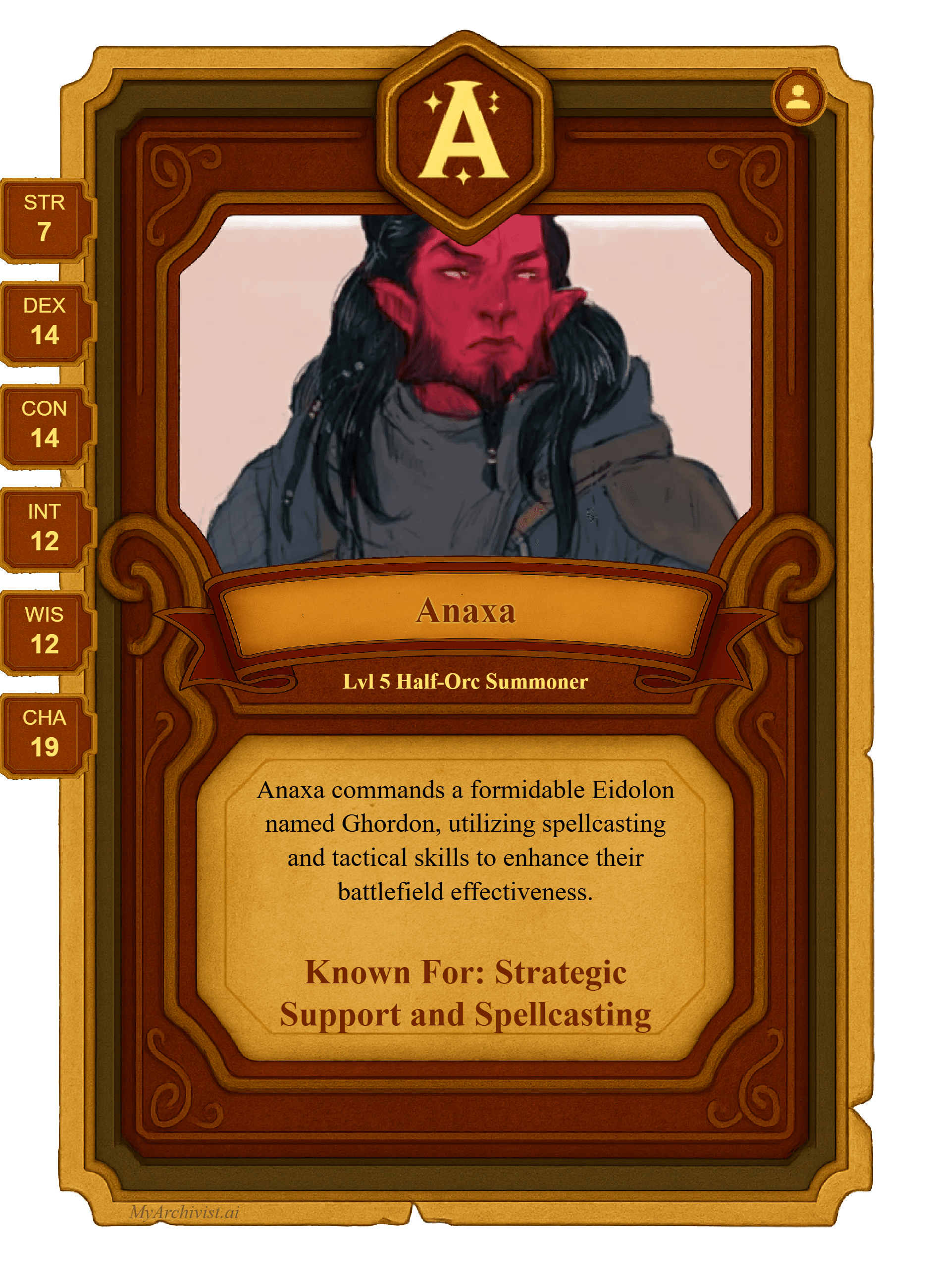 Anaxa trading card - Character from My First Campaign