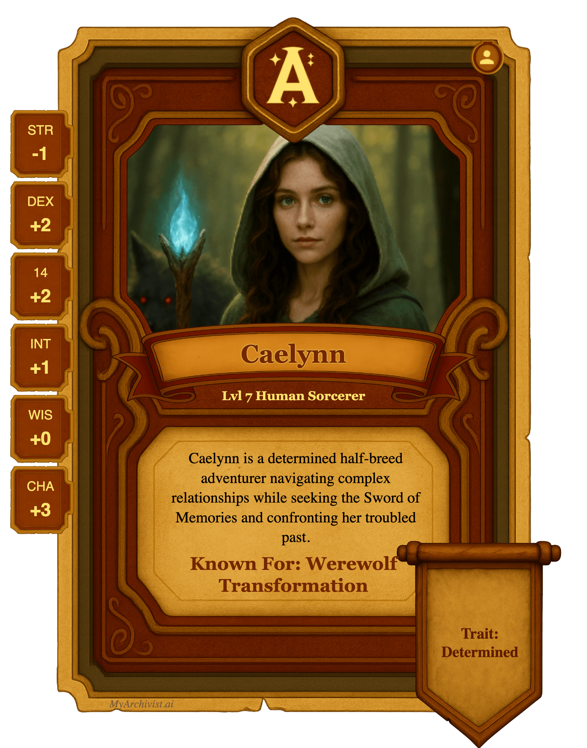 Caelynn trading card - Character from The Woefully Unlearned Dungeon Crawlers