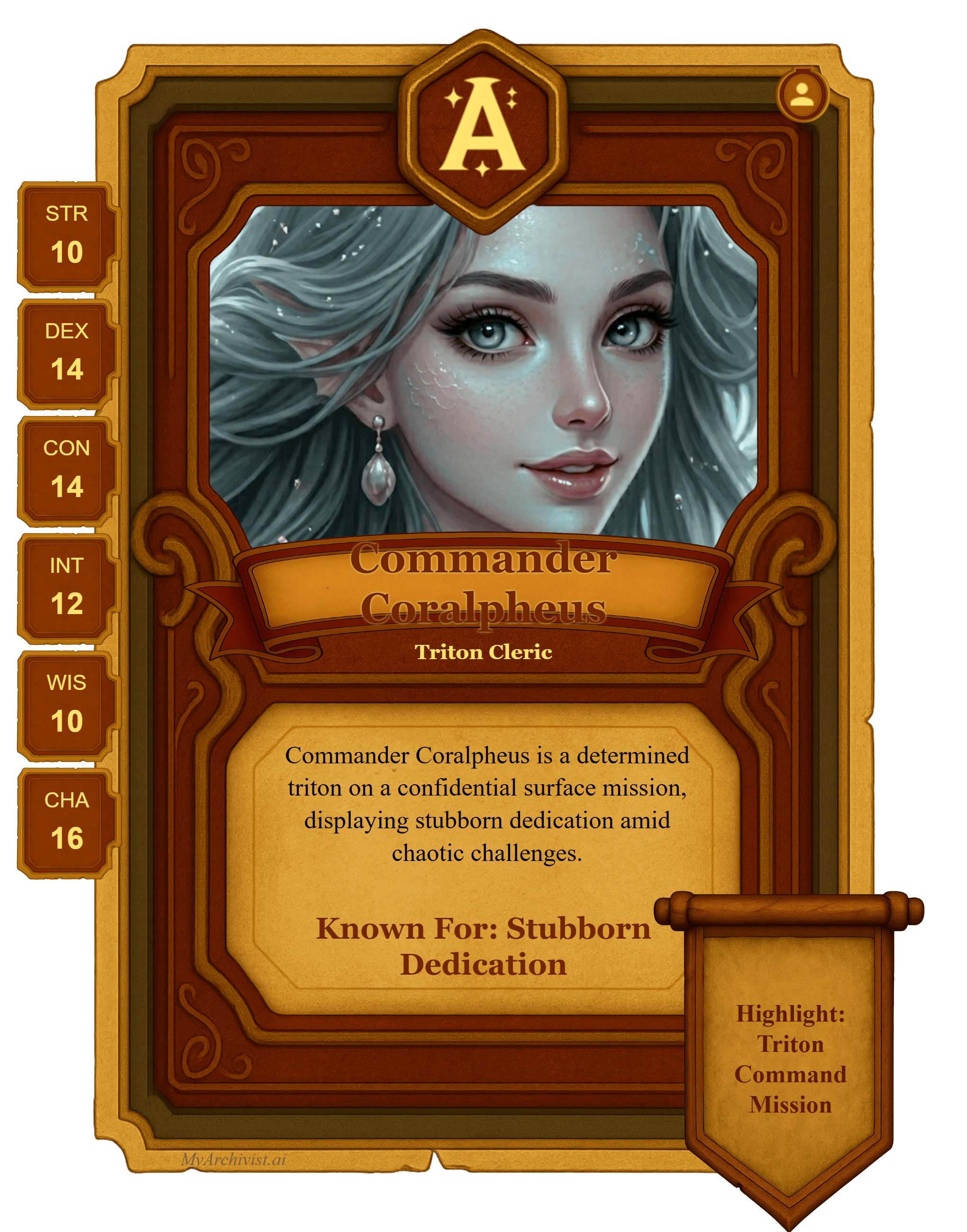 Commander Coralpheus trading card - Character from Abomination Vaults - Roll for Tangents (Sunday)