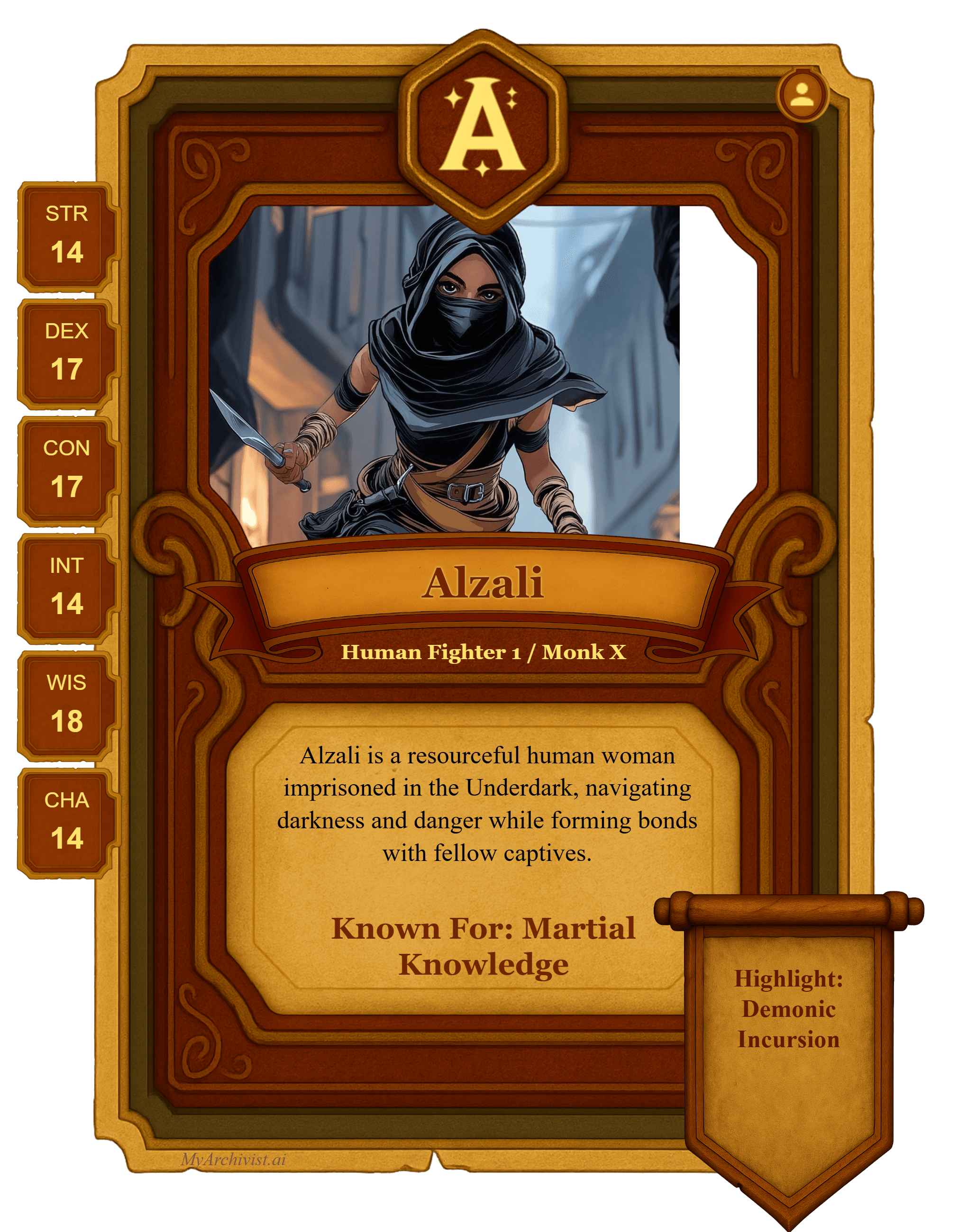 Alzali trading card - Character from Out of the Abyss