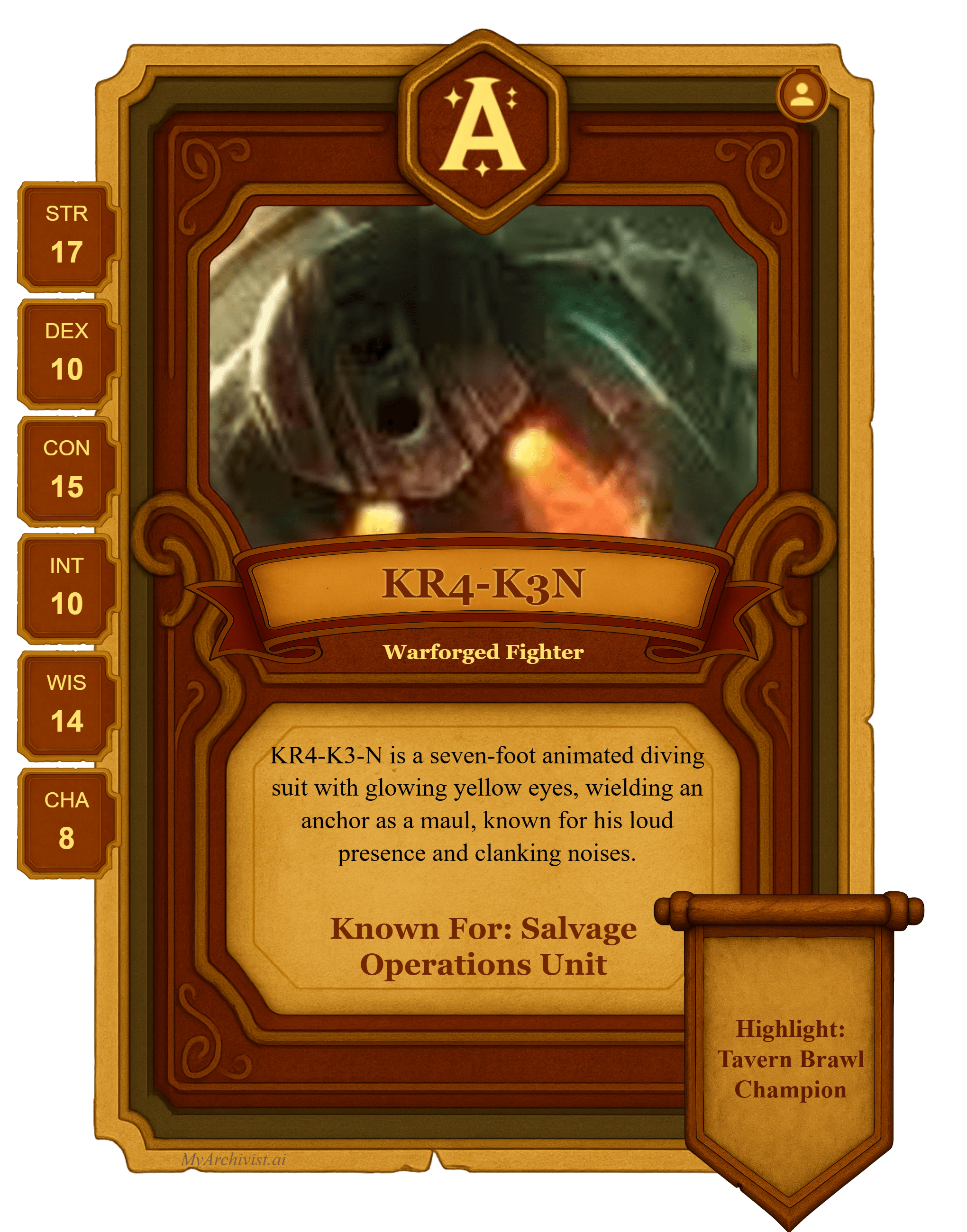KR4-K3N trading card - Character from Abomination Vaults - Roll for Tangents (Saturday)
