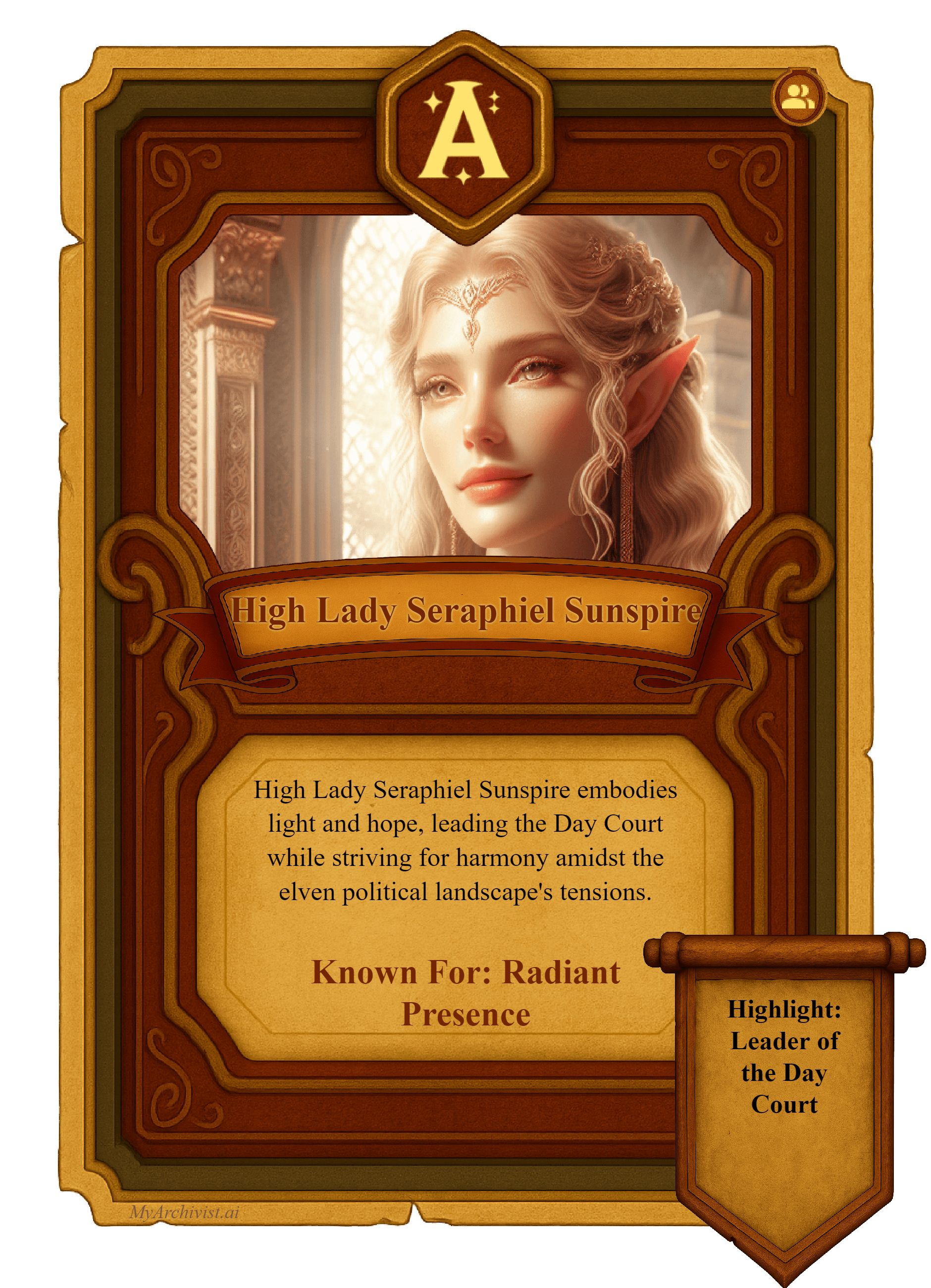 High Lady Seraphiel Sunspire trading card - Character from Crysinthia