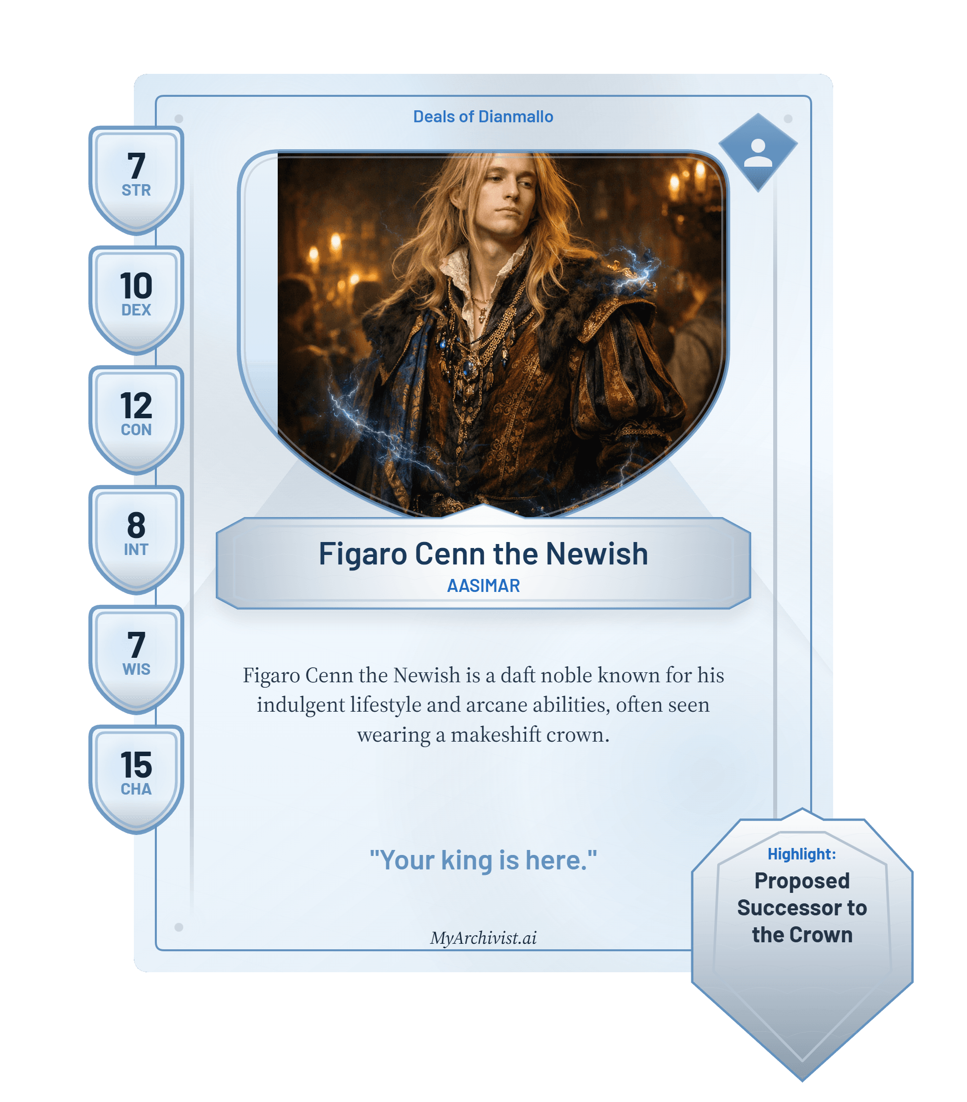 Figaro Cenn the Newish trading card - Character from Deals of Dianmallo