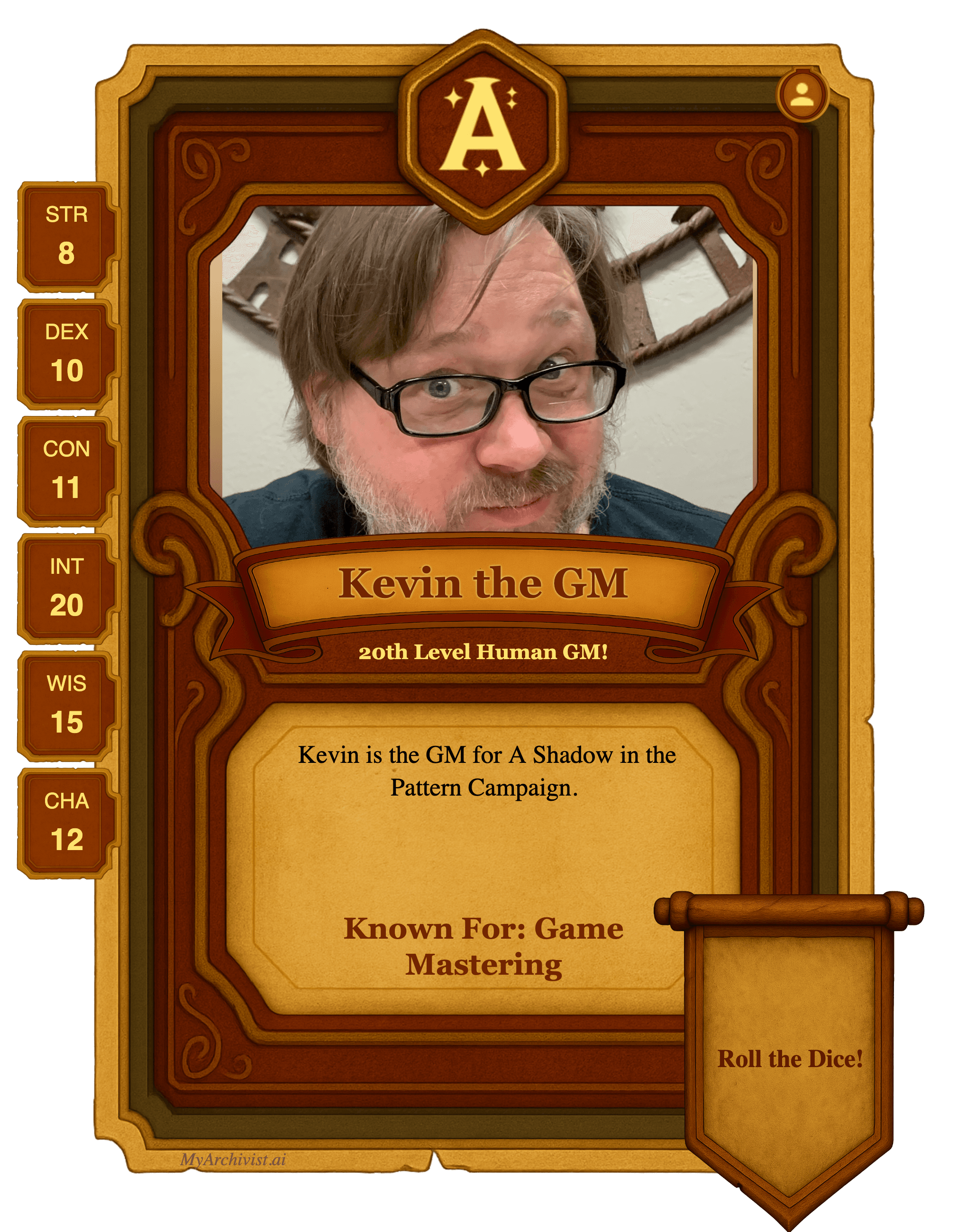 Kevin the GM trading card - Character from A Shadow in the Pattern