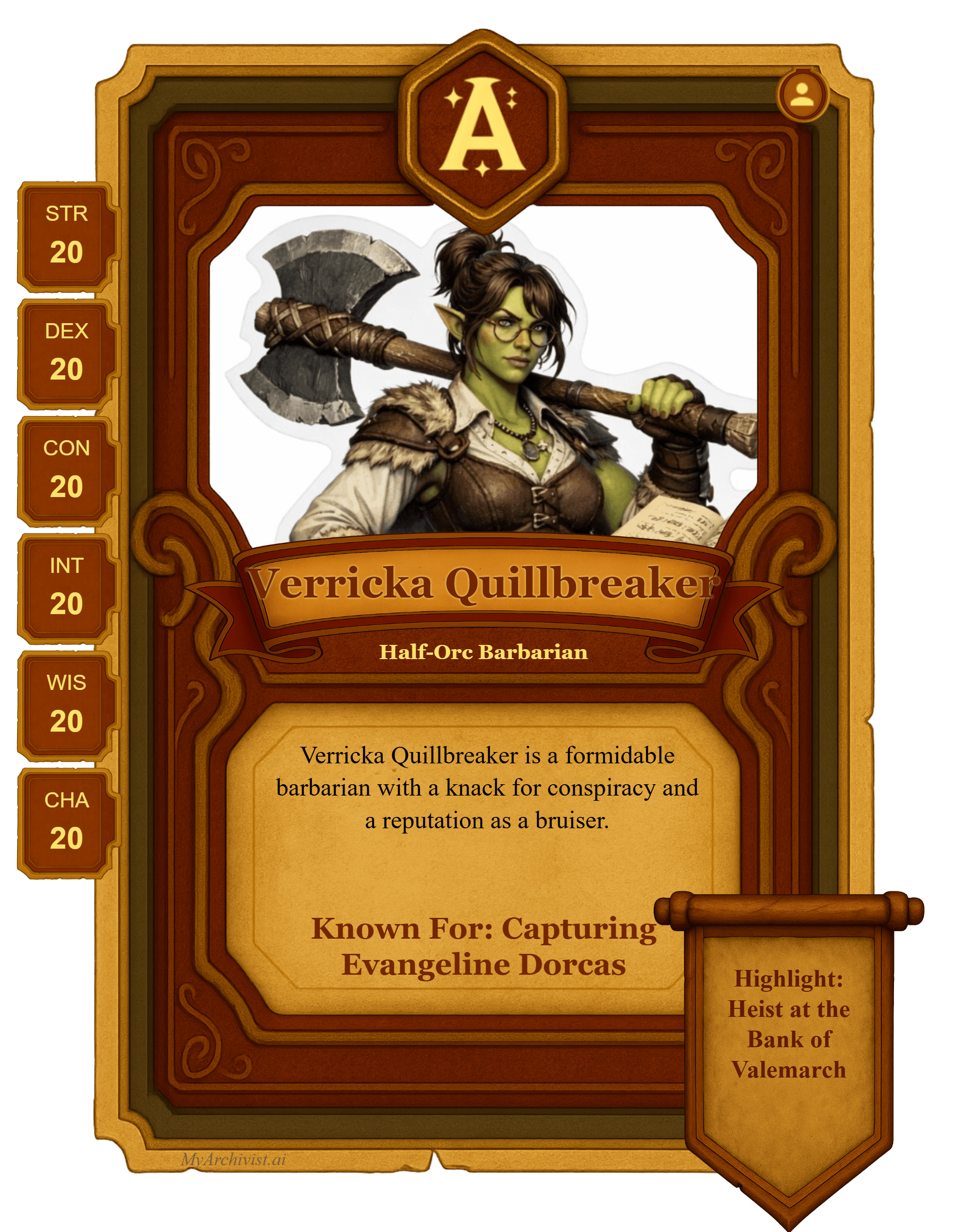 Verricka Quillbreaker trading card - Character from Relics of Old Arcavios